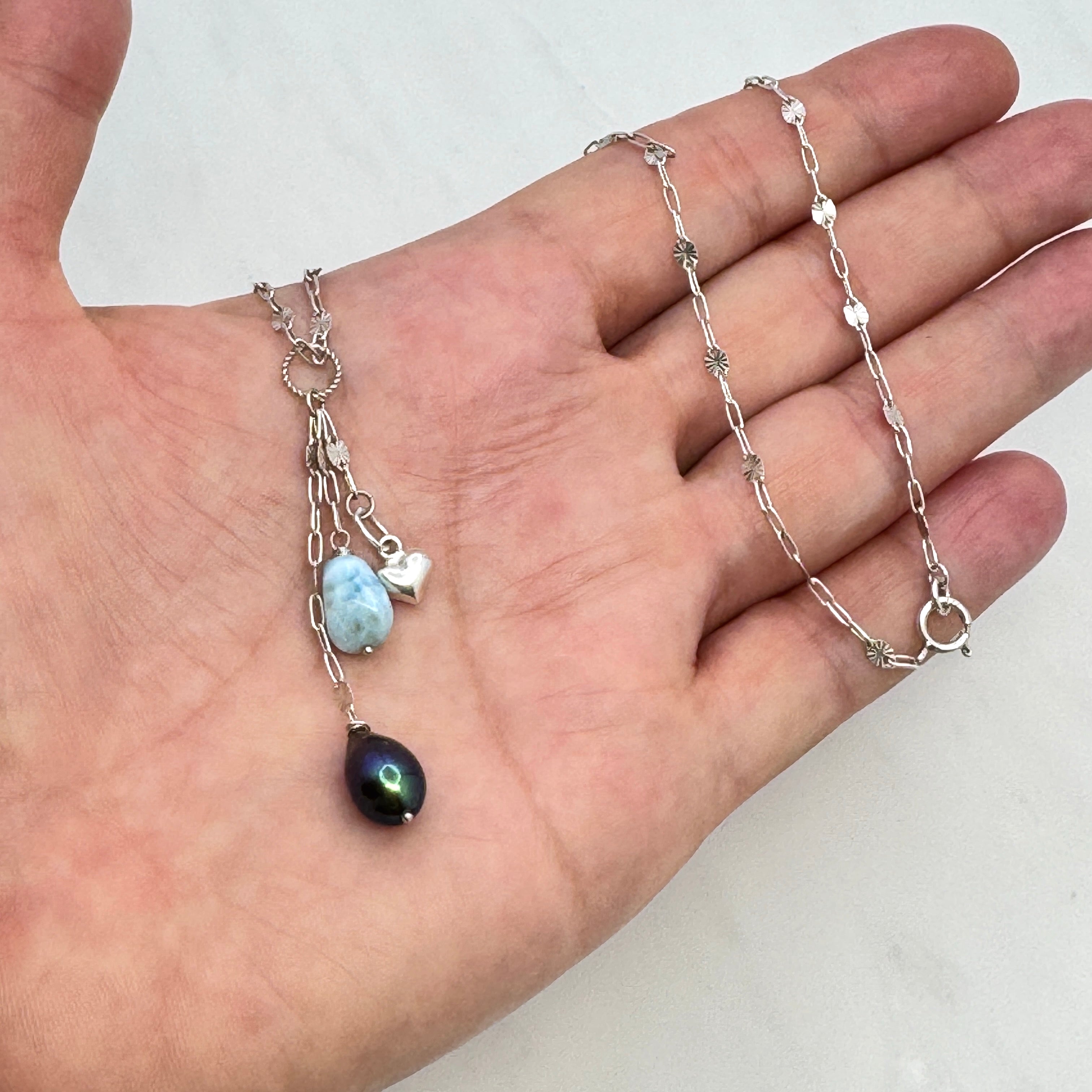 Sterling Silver Larimar & Pearl Necklace