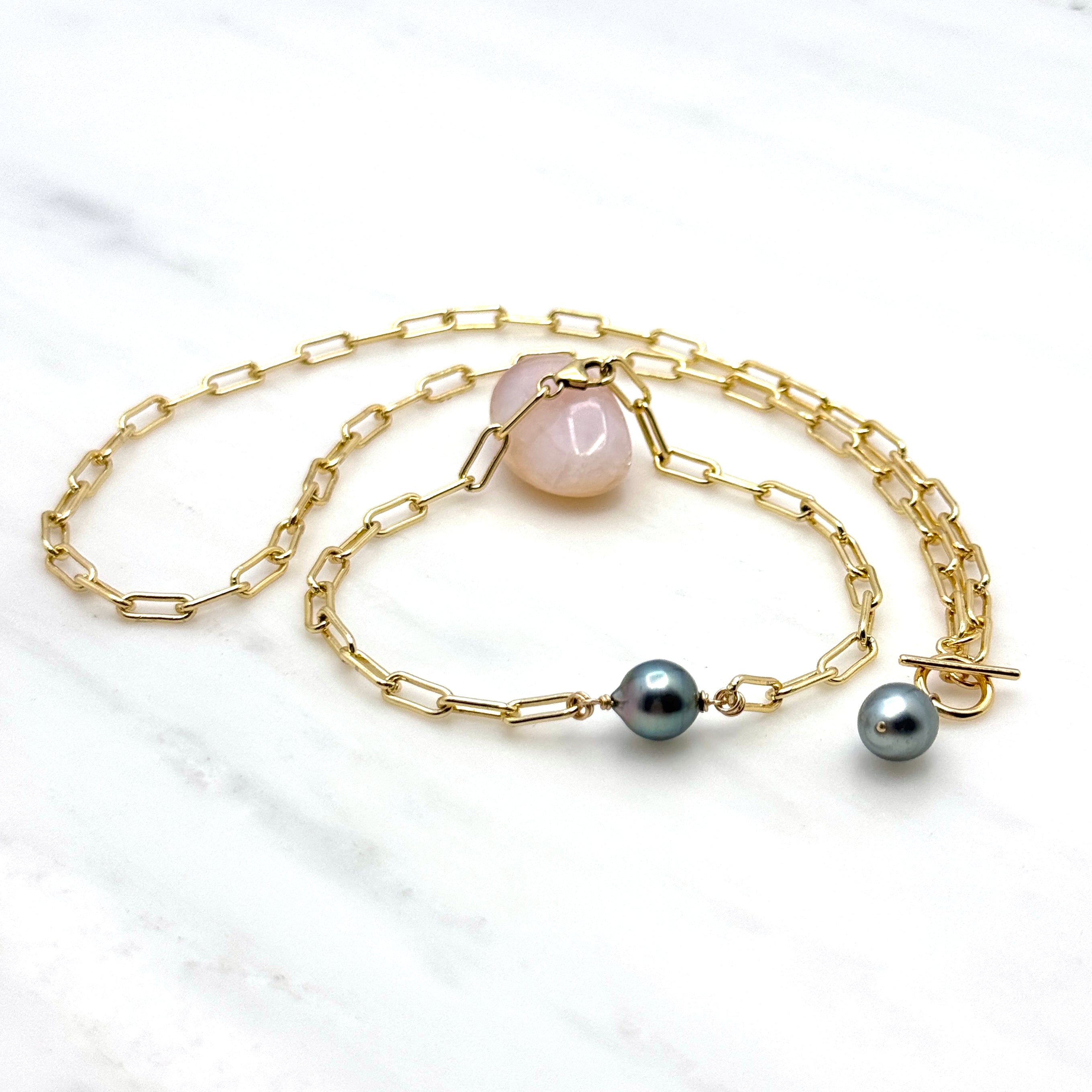 Golden Link Bracelet with Tahitian Pearl