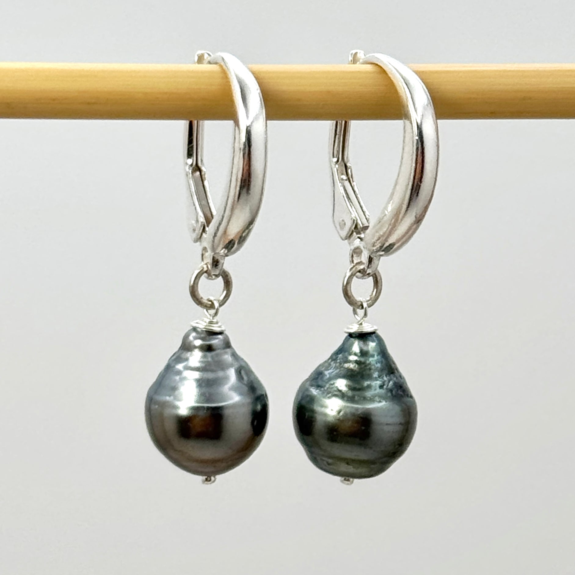 Tahitian Pearl Leverback Silver Earrings