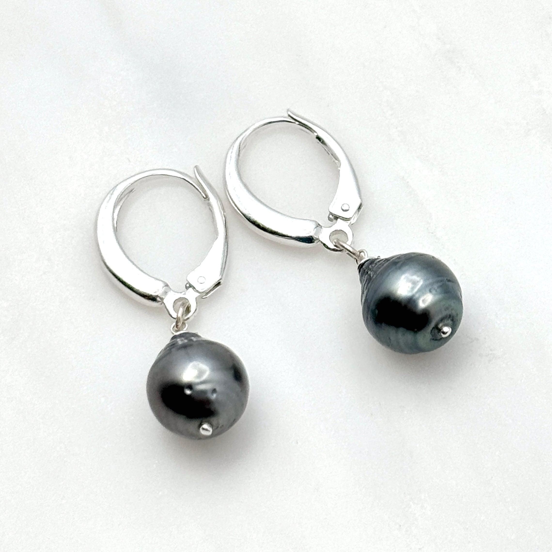 Tahitian Pearl Leverback Silver Earrings