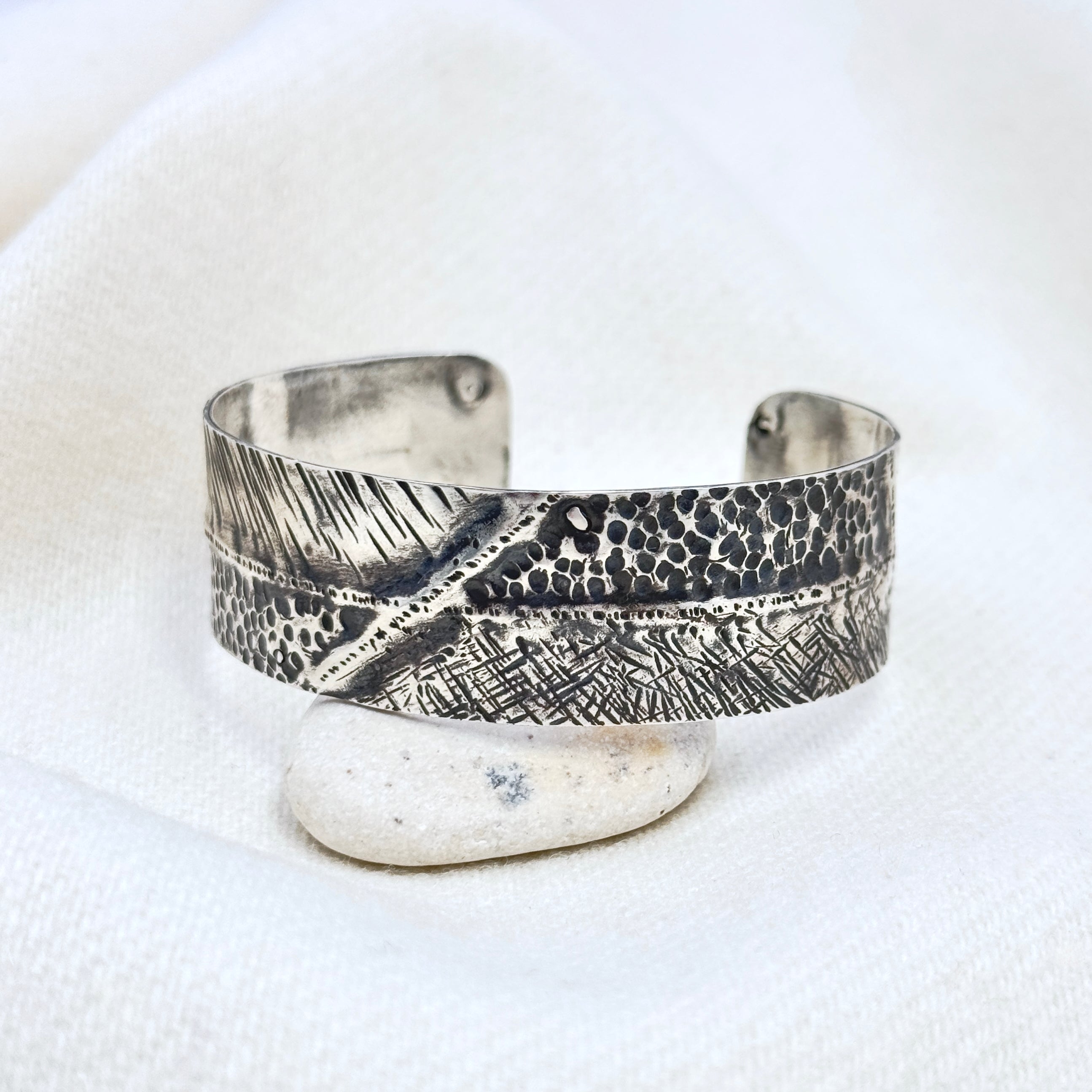 Wide Oxidized Textured Silver Cuff Bracelet