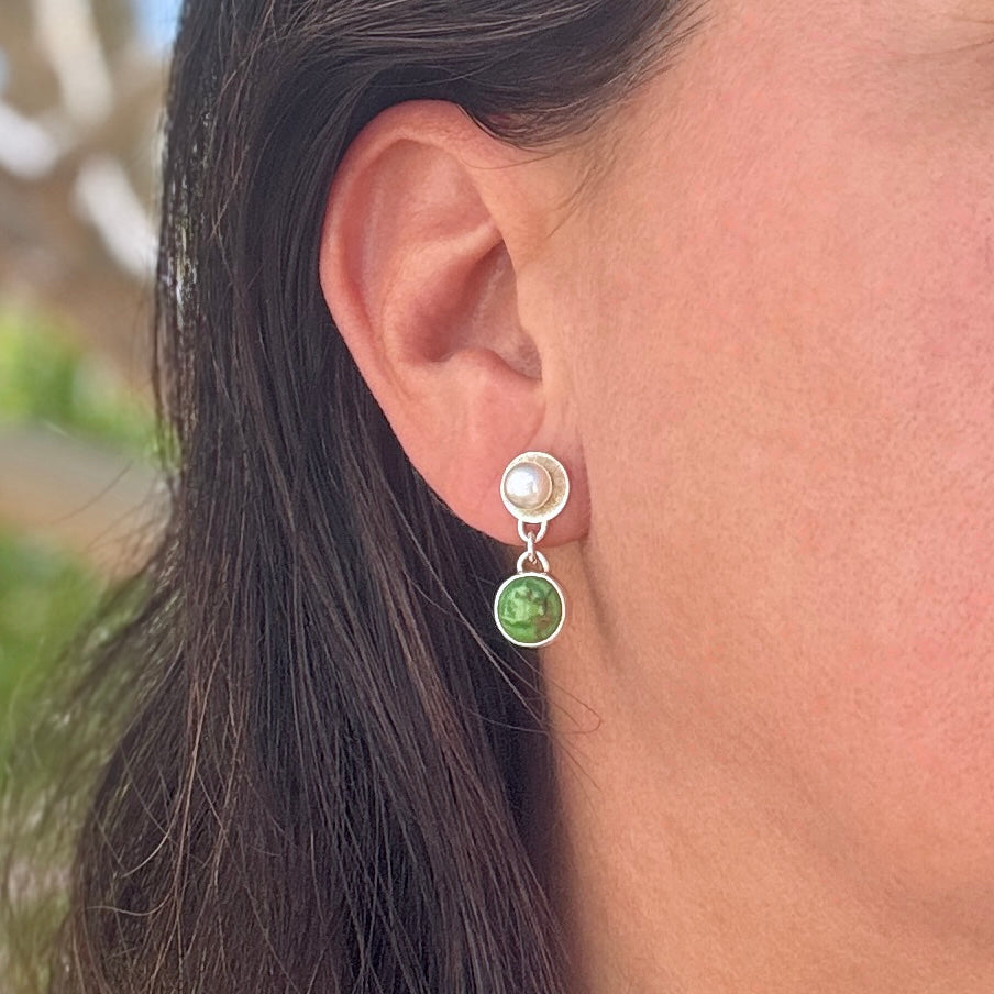 Green Turquoise & Pearl Silver Drop Earrings