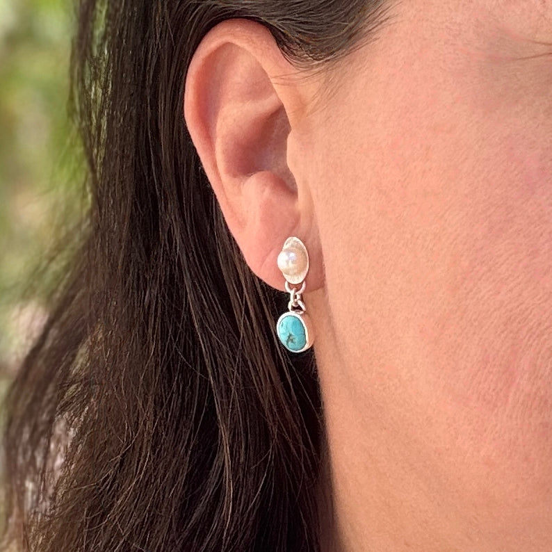 Blue Ridge Turquoise & Pearl Silver Earrings