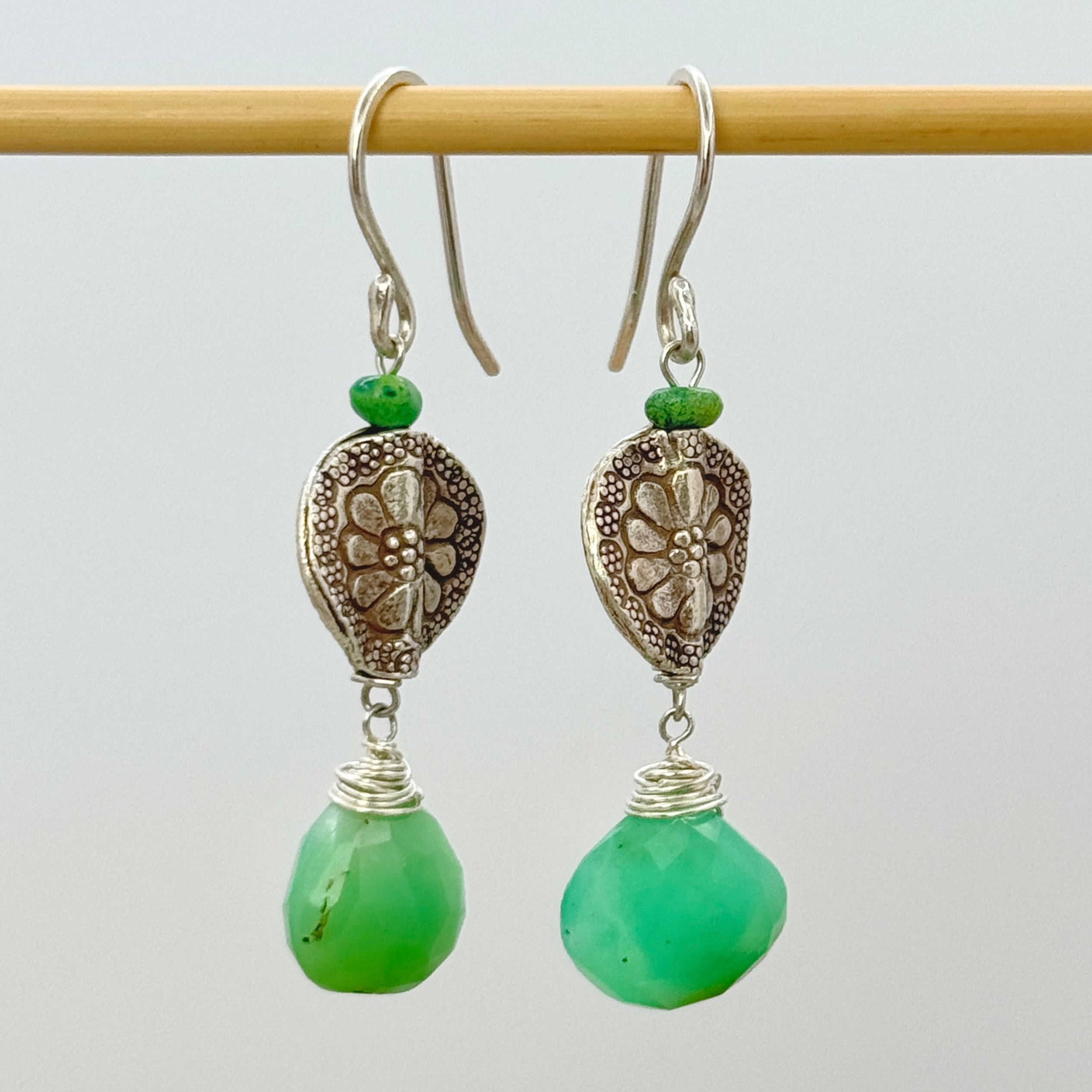 Thai Silver Flower & Chrysoprase Earrings