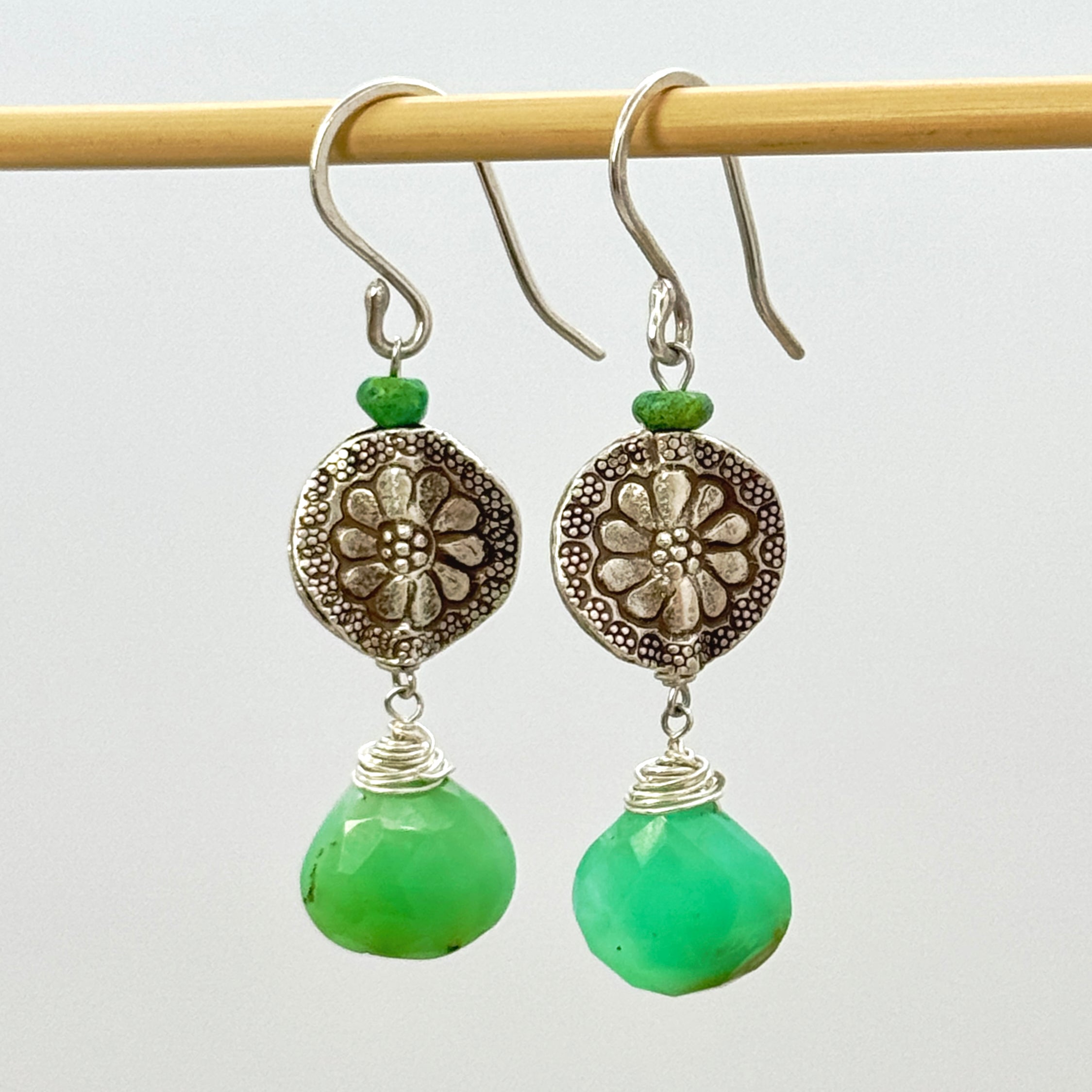 Thai Silver Flower & Chrysoprase Earrings