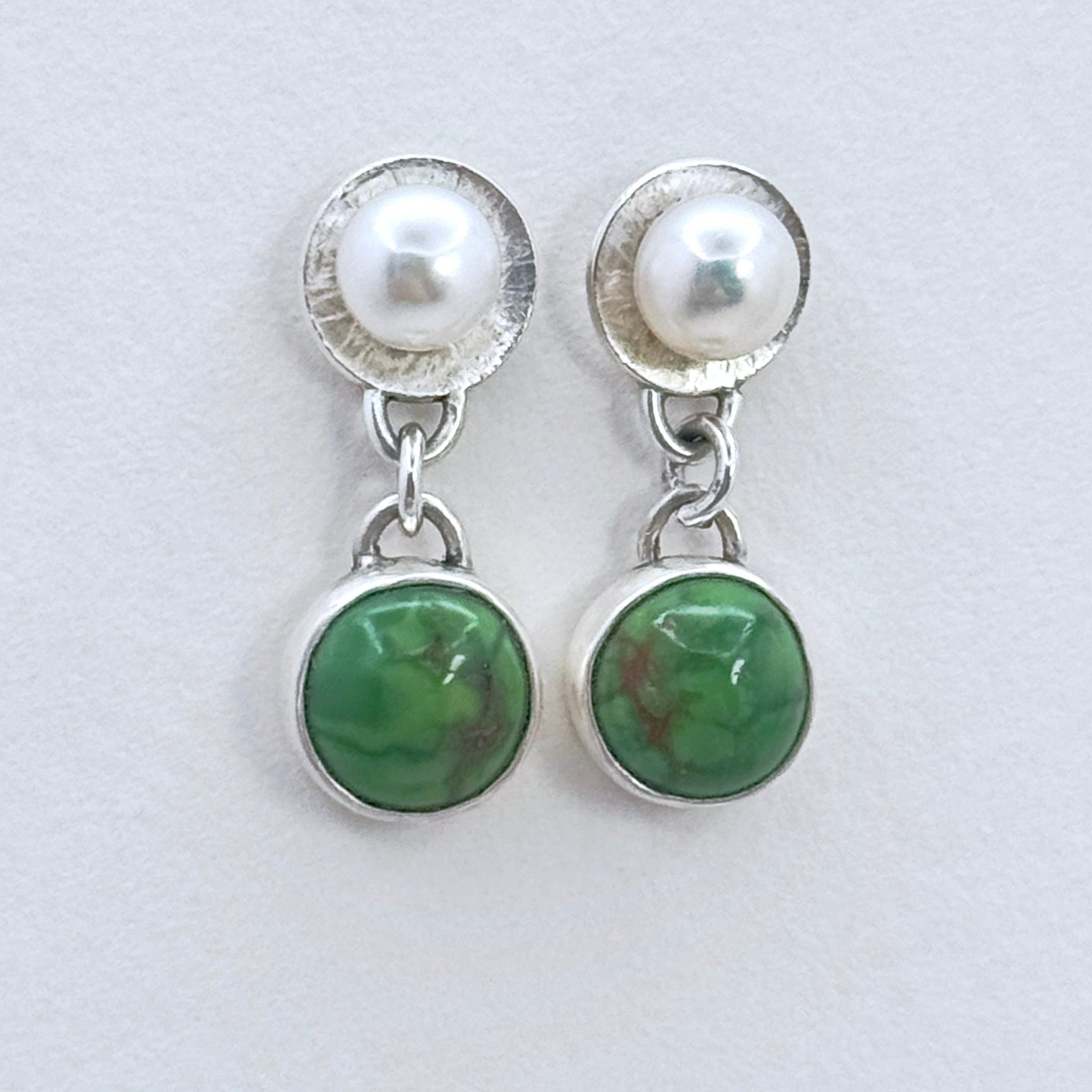 Green Turquoise & Pearl Silver Drop Earrings