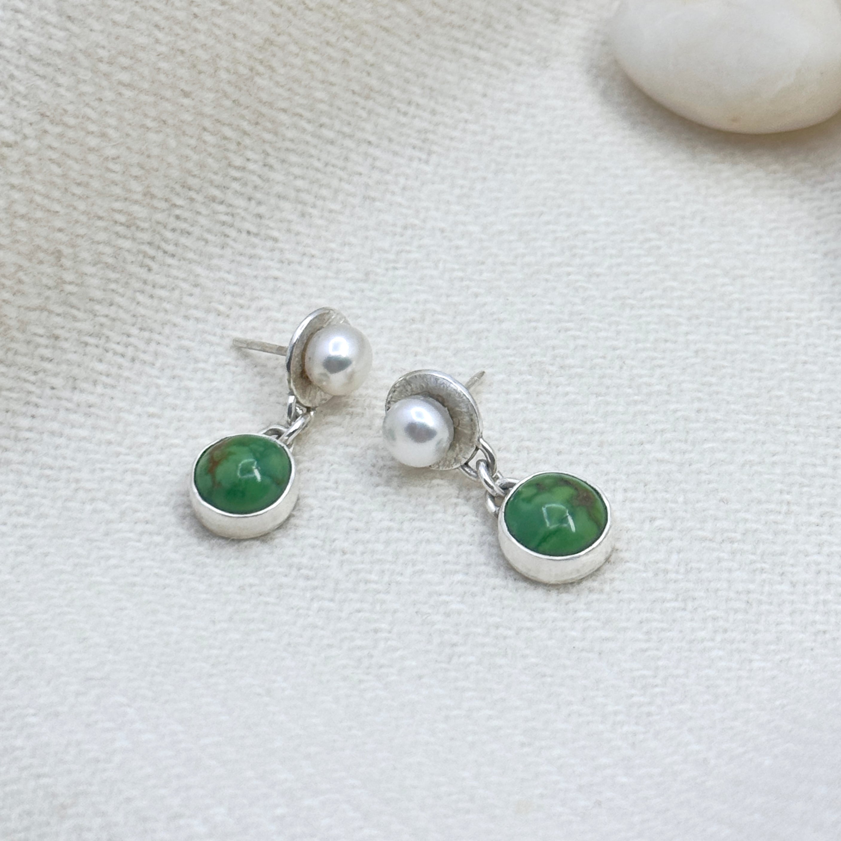 Green Turquoise & Pearl Silver Drop Earrings