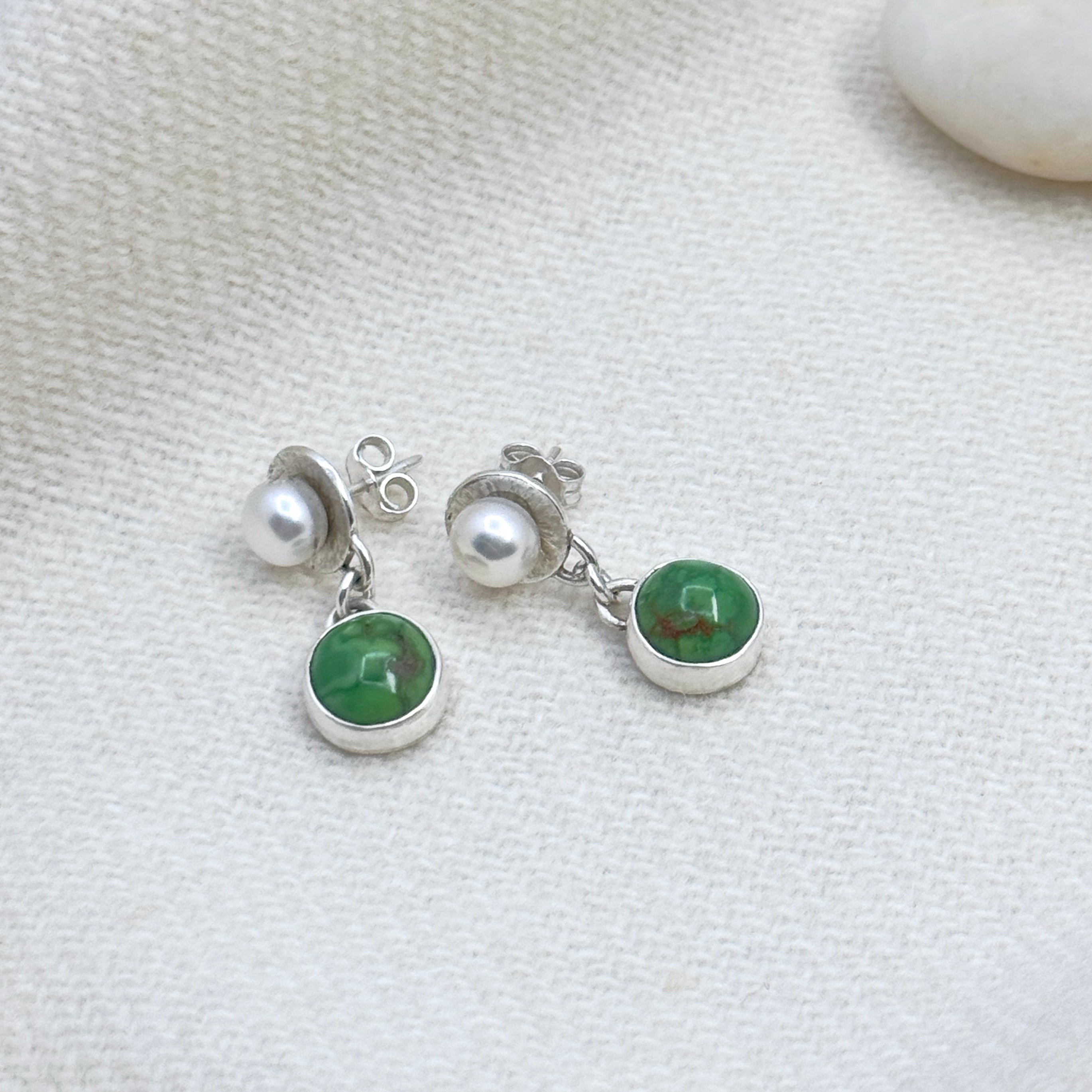 Green Turquoise & Pearl Silver Drop Earrings