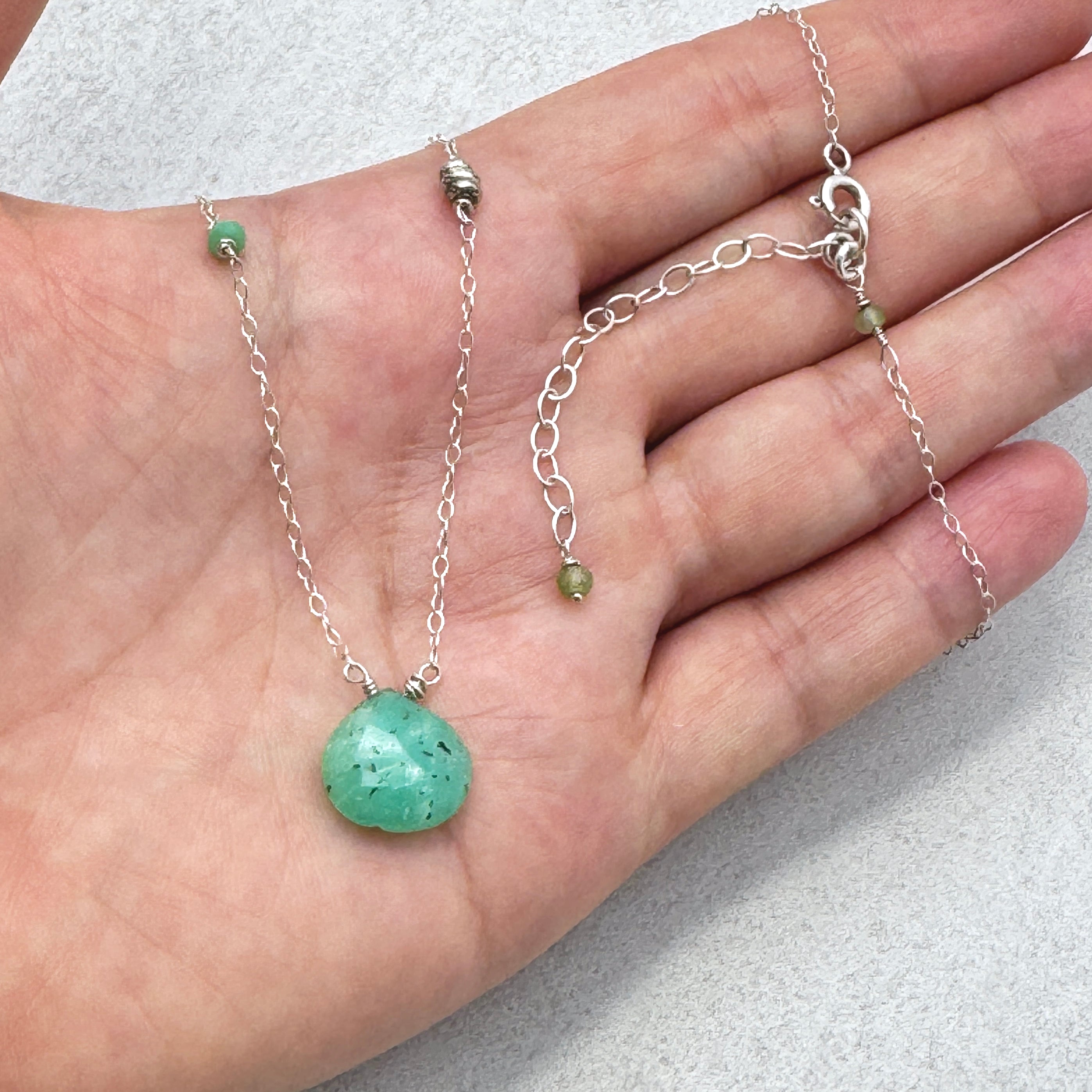 Chrysoprase Silver Charm Station Necklace