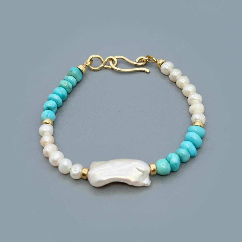 Real Turquoise & White Baroque Pearl Bracelet