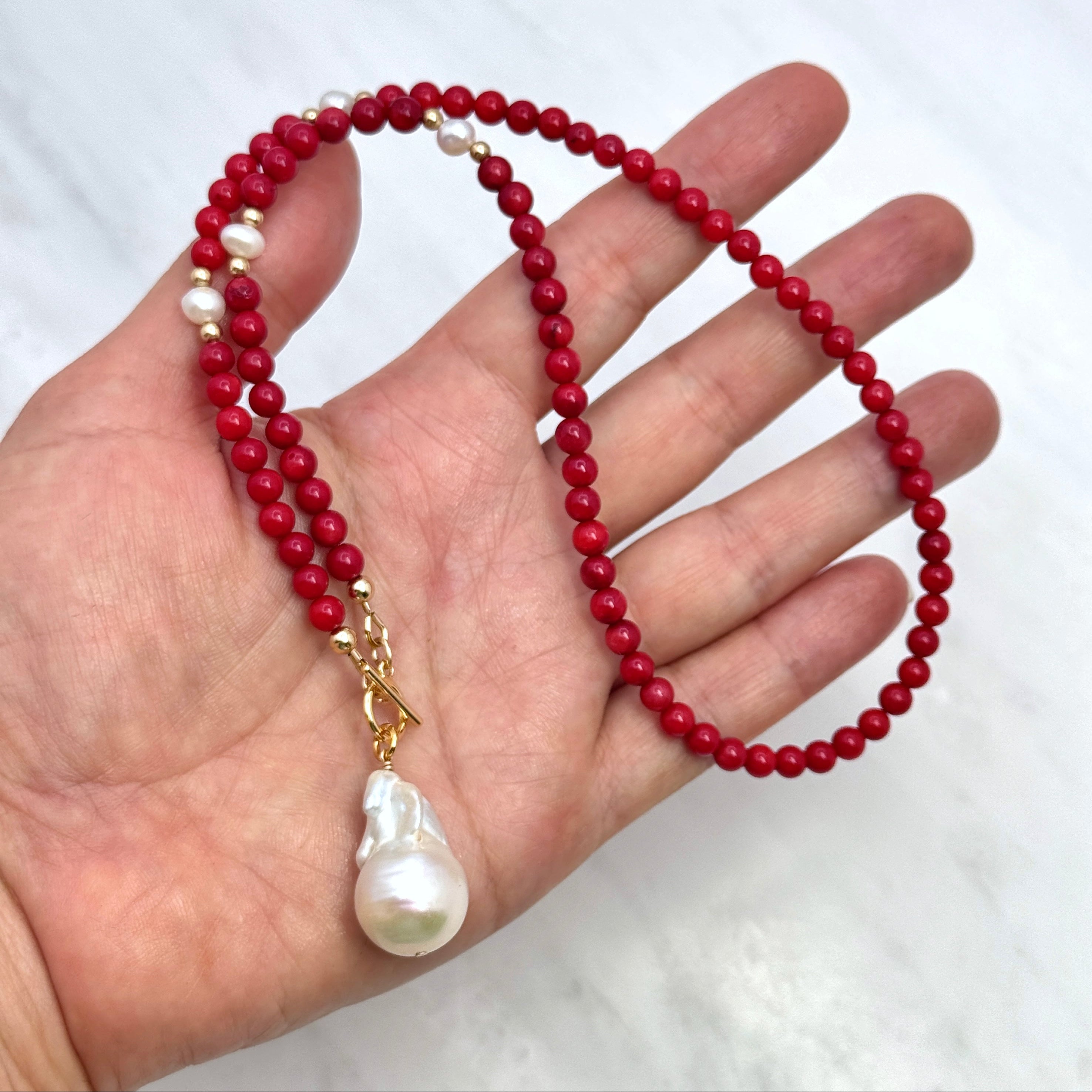 Red Coral & Baroque Pearl Toggle Necklace