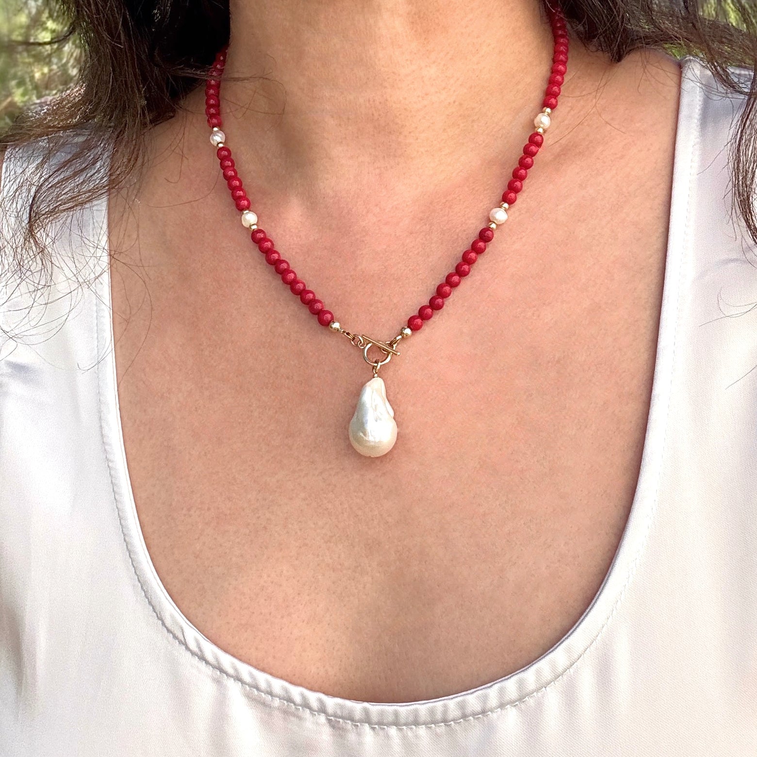 Red Coral & Baroque Pearl Toggle Necklace