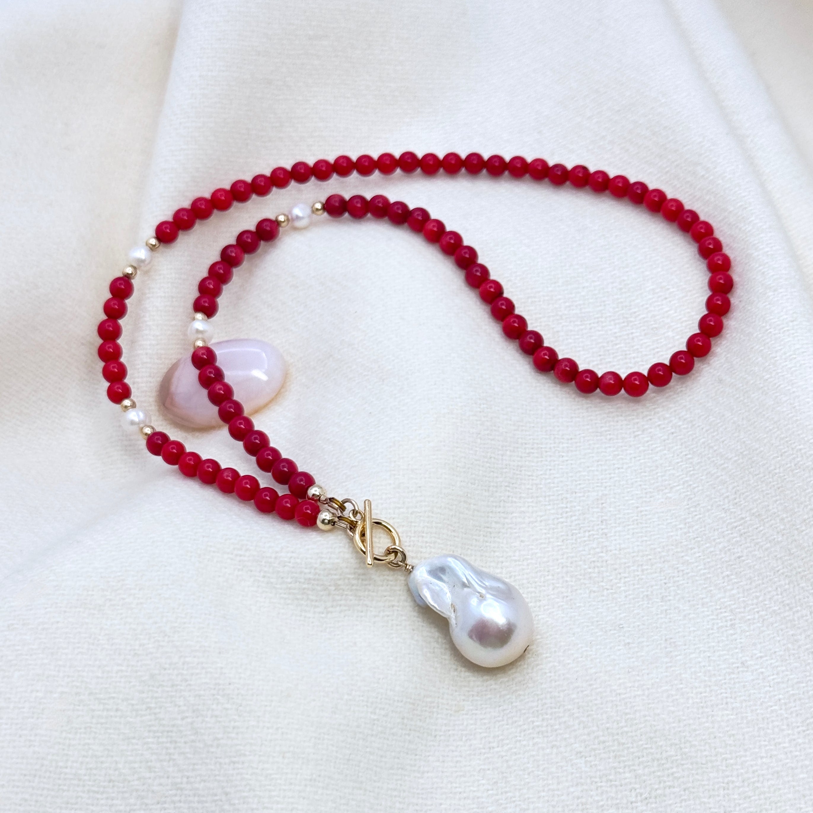 Red Coral & Baroque Pearl Toggle Necklace