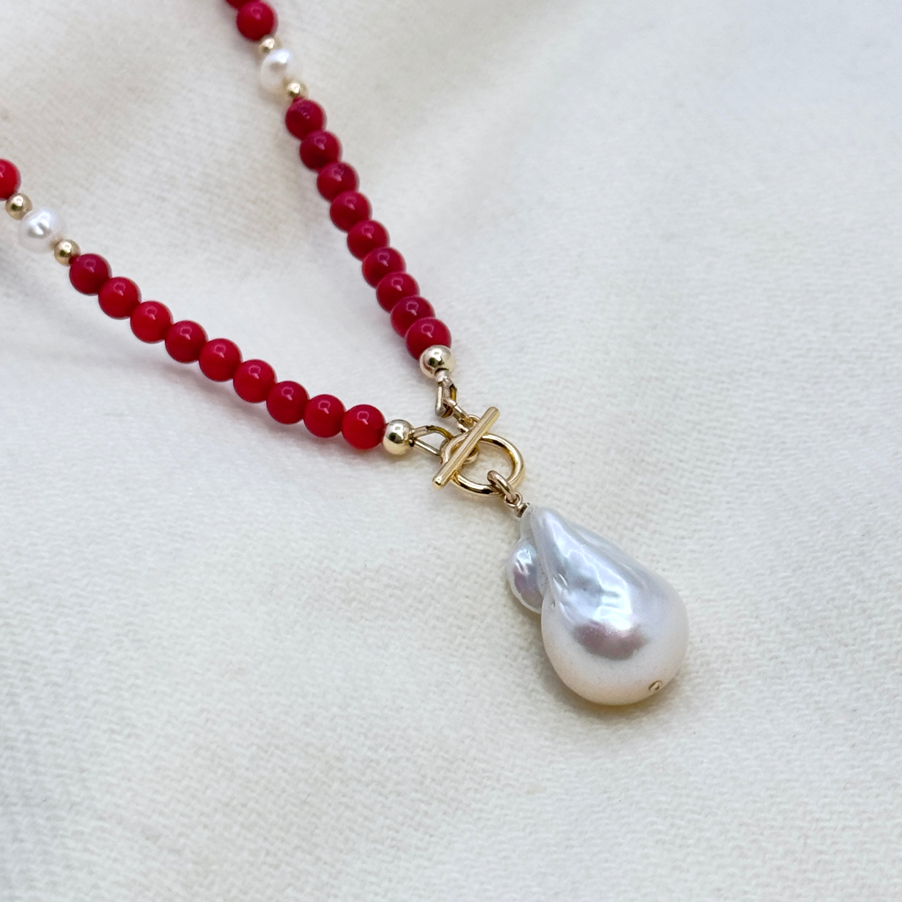 Red Coral & Baroque Pearl Toggle Necklace