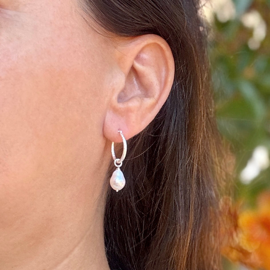 White Pearl Sterling Silver Twisted Huggies