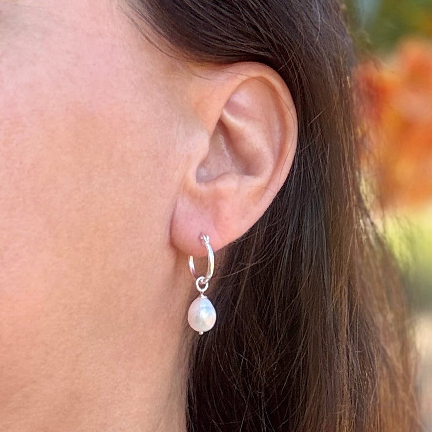 Pearl Huggie Hoop Sterling Silver Earrings