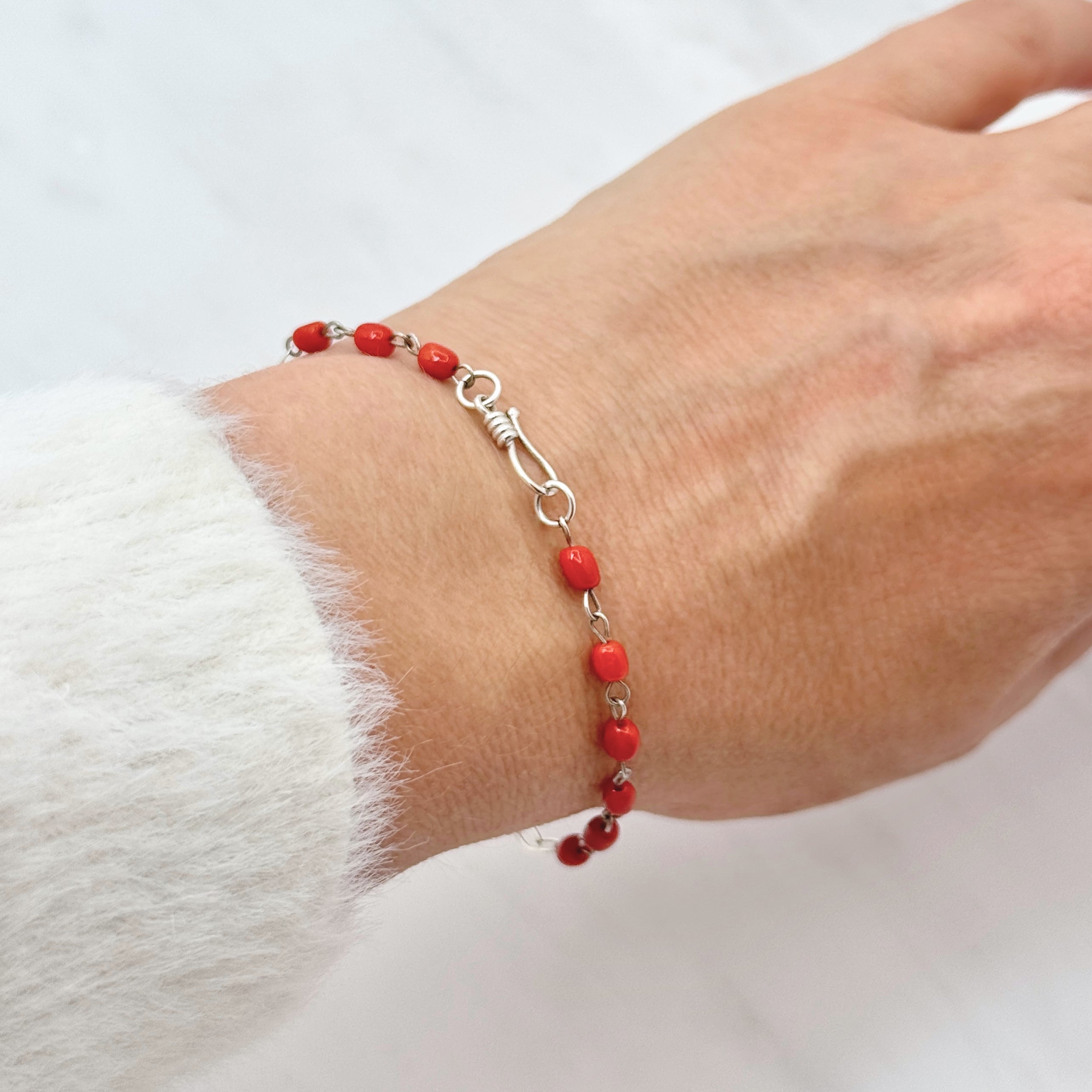 Italian Coral Sterling Silver Chain Bracelet