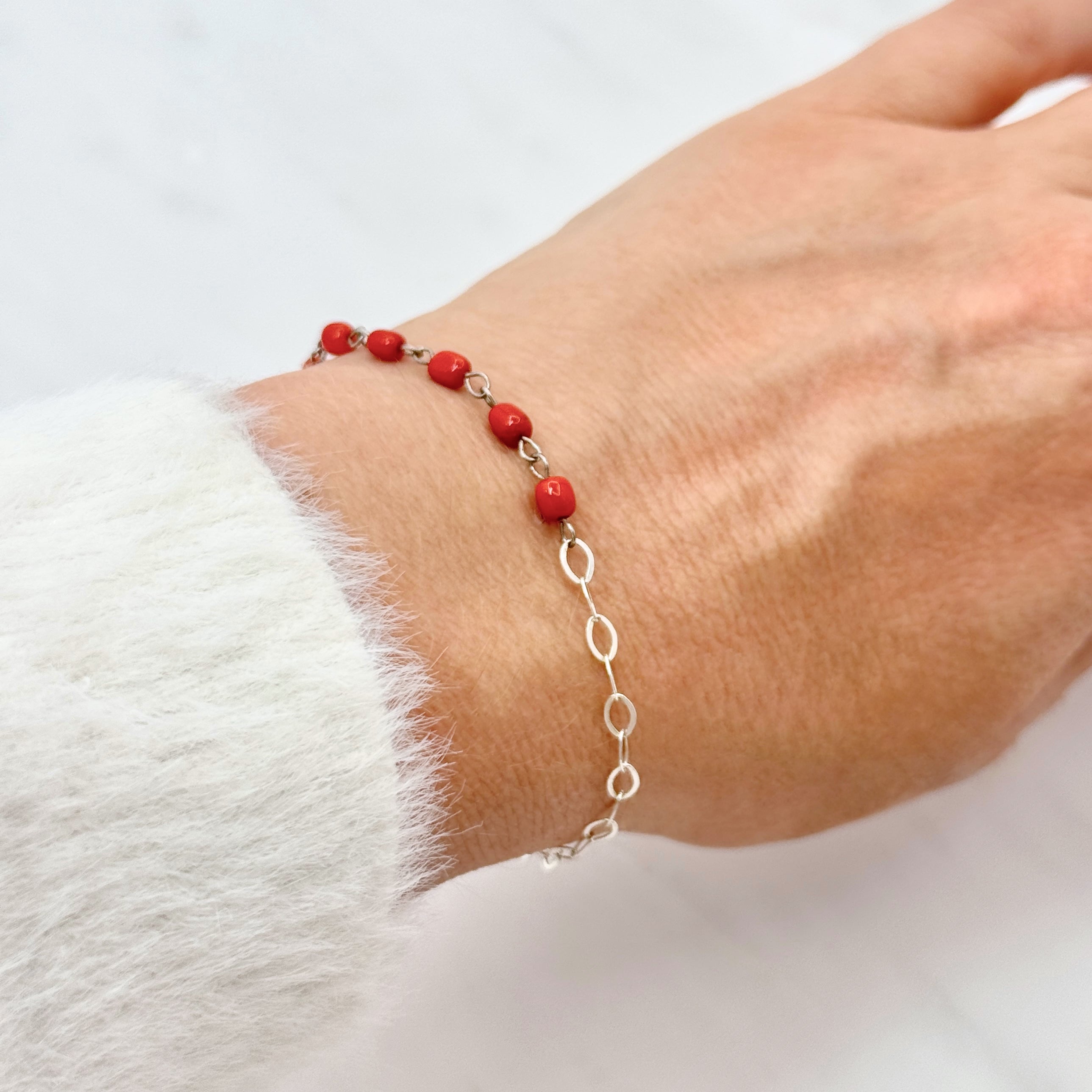 Italian Coral Sterling Silver Chain Bracelet