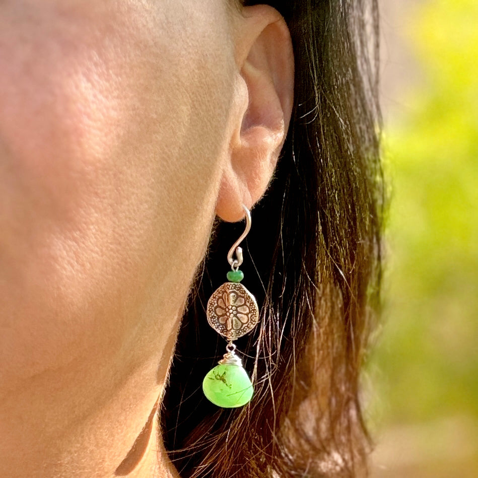 Thai Silver Flower & Chrysoprase Earrings