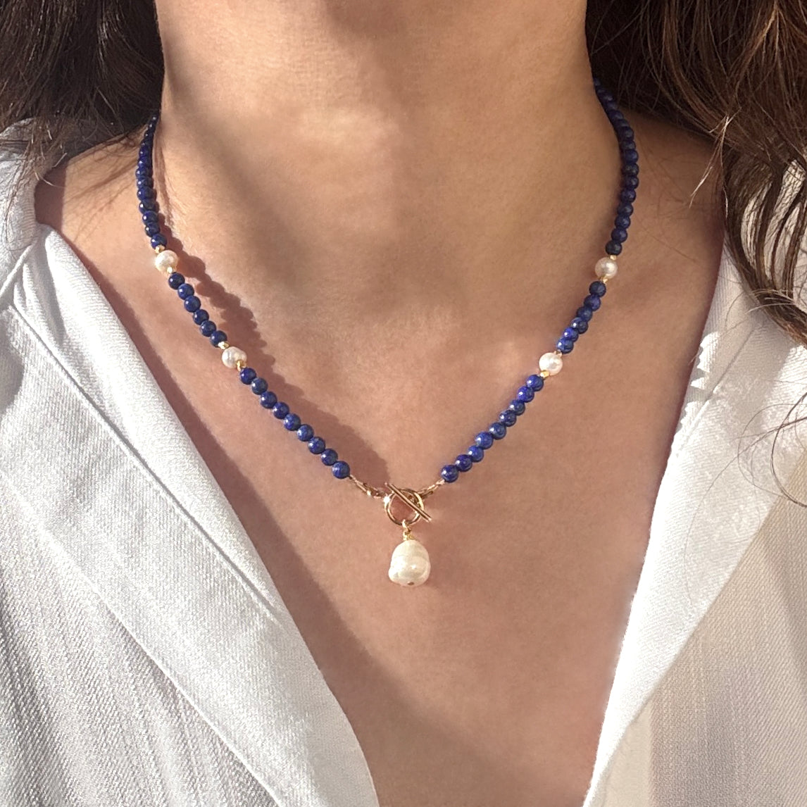 Lapis & Baroque Pearl Front Toggle Necklace