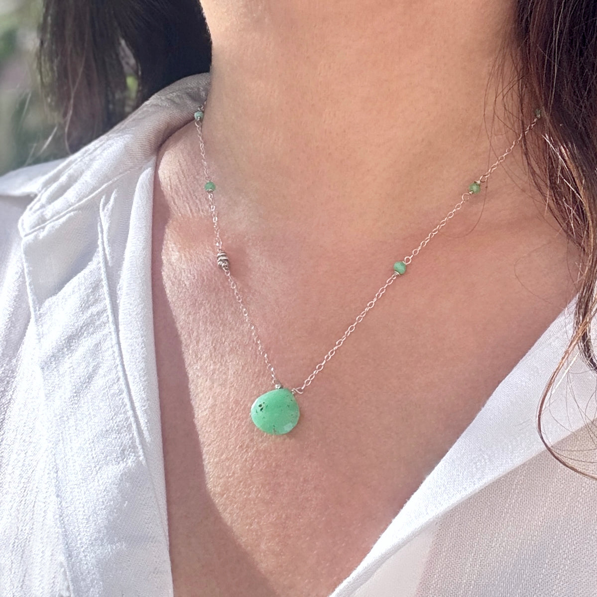 Chrysoprase Silver Charm Station Necklace