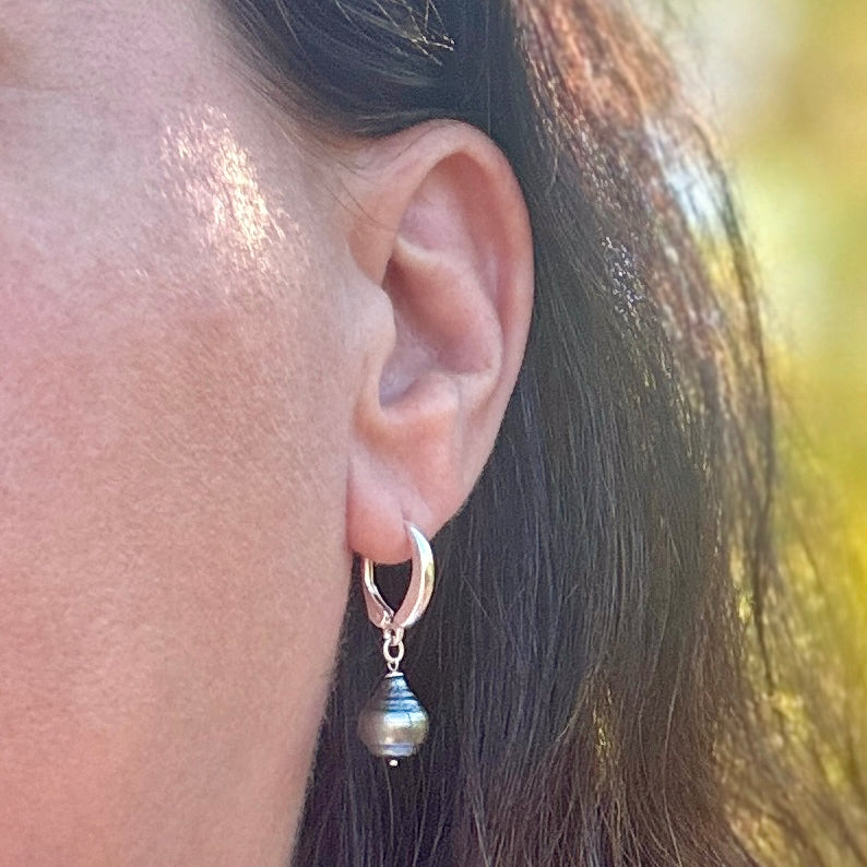 Tahitian Pearl Leverback Silver Earrings