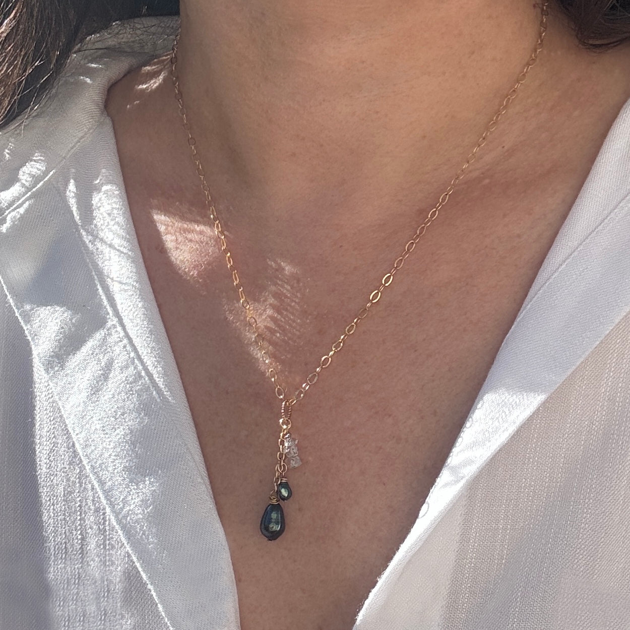 Peacock Pearl & Herkimer Diamond Y Necklace