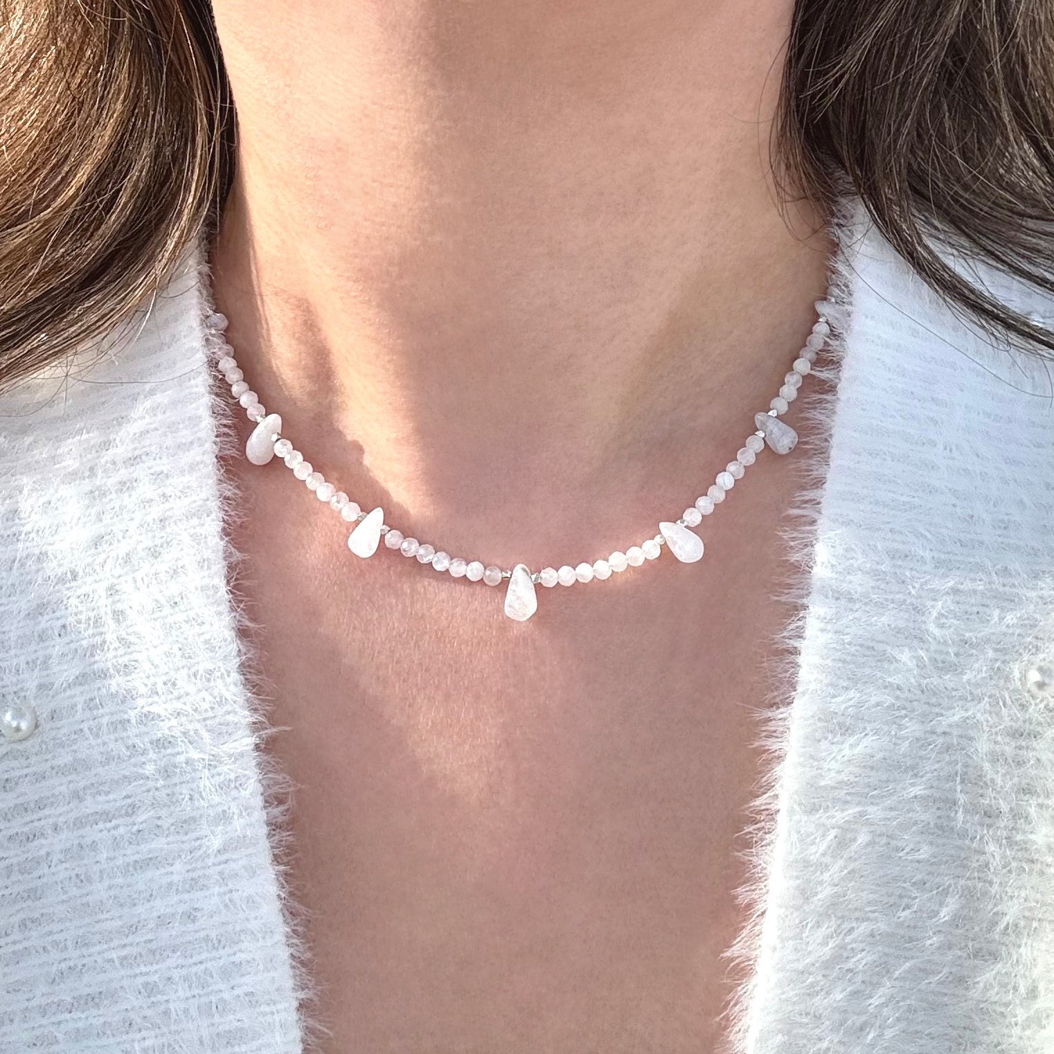 Rainbow Moonstone Petal & Silver Necklace