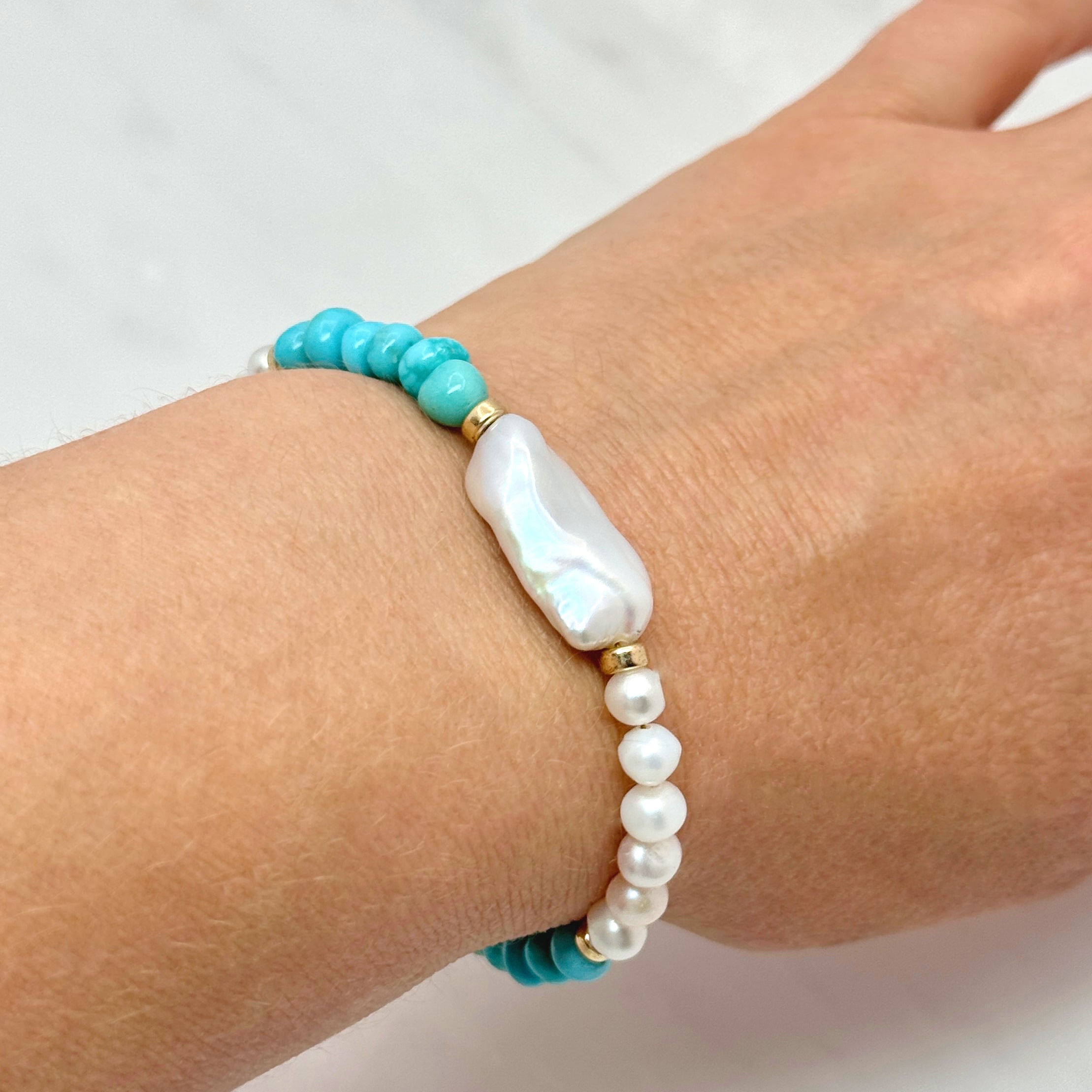 Real Turquoise & White Baroque Pearl Bracelet