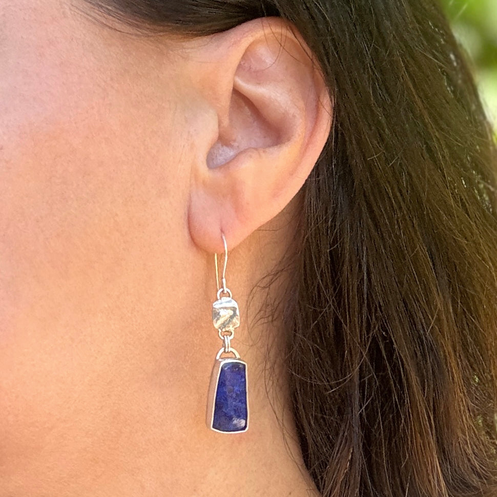Lapis & Textured 925 Silver Drop Earrings