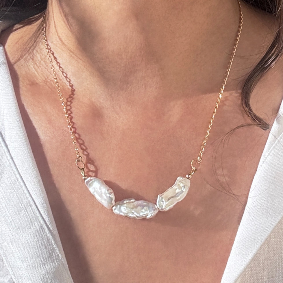 White Baroque Pearl Trio Gold-Filled Necklace