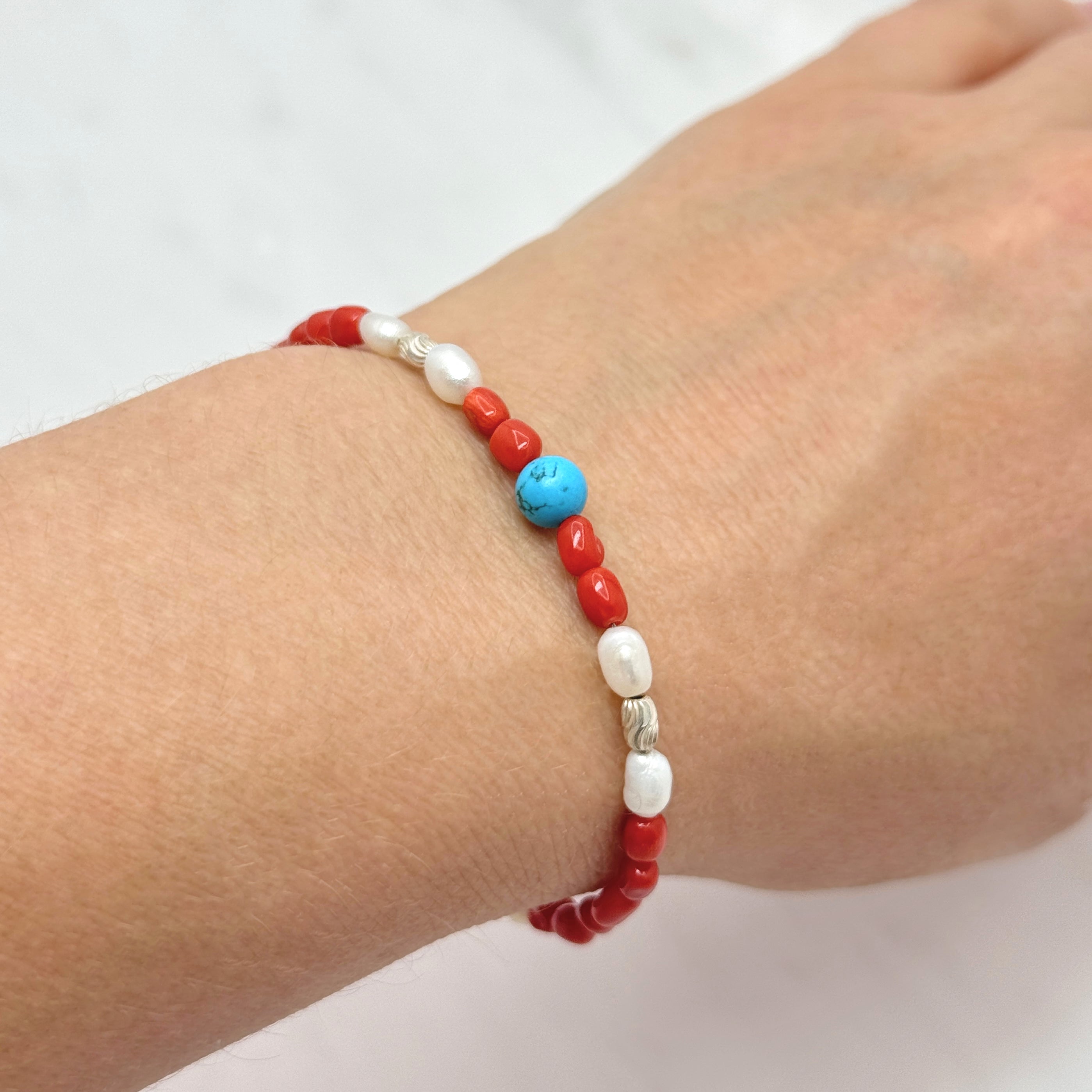 Turquoise, Coral & Pearl 925 Silver Bracelet