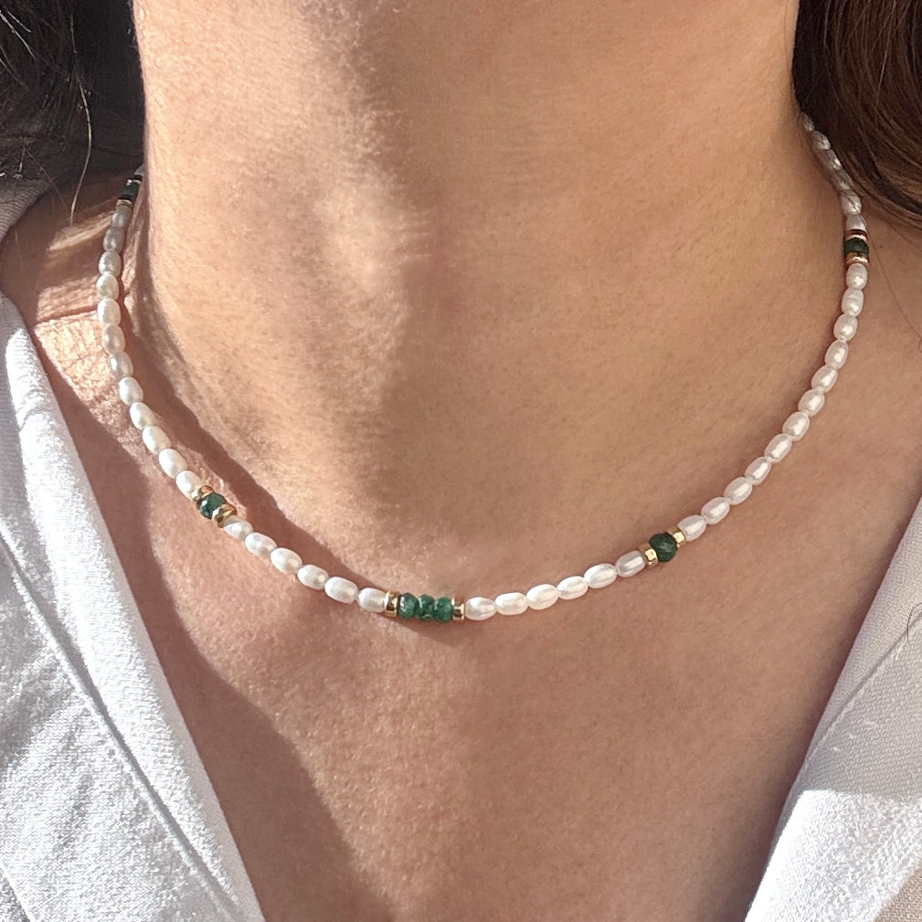 Pearl, Emerald, & Gold-Filled Accent Necklace