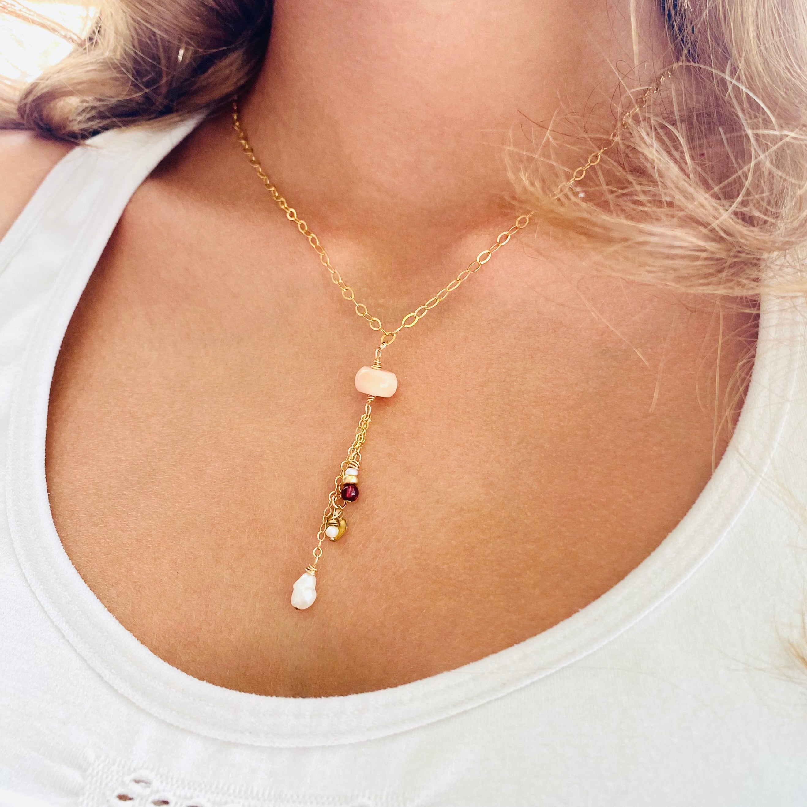 Pink Conch & Pearl Gold-Filled Y Necklace