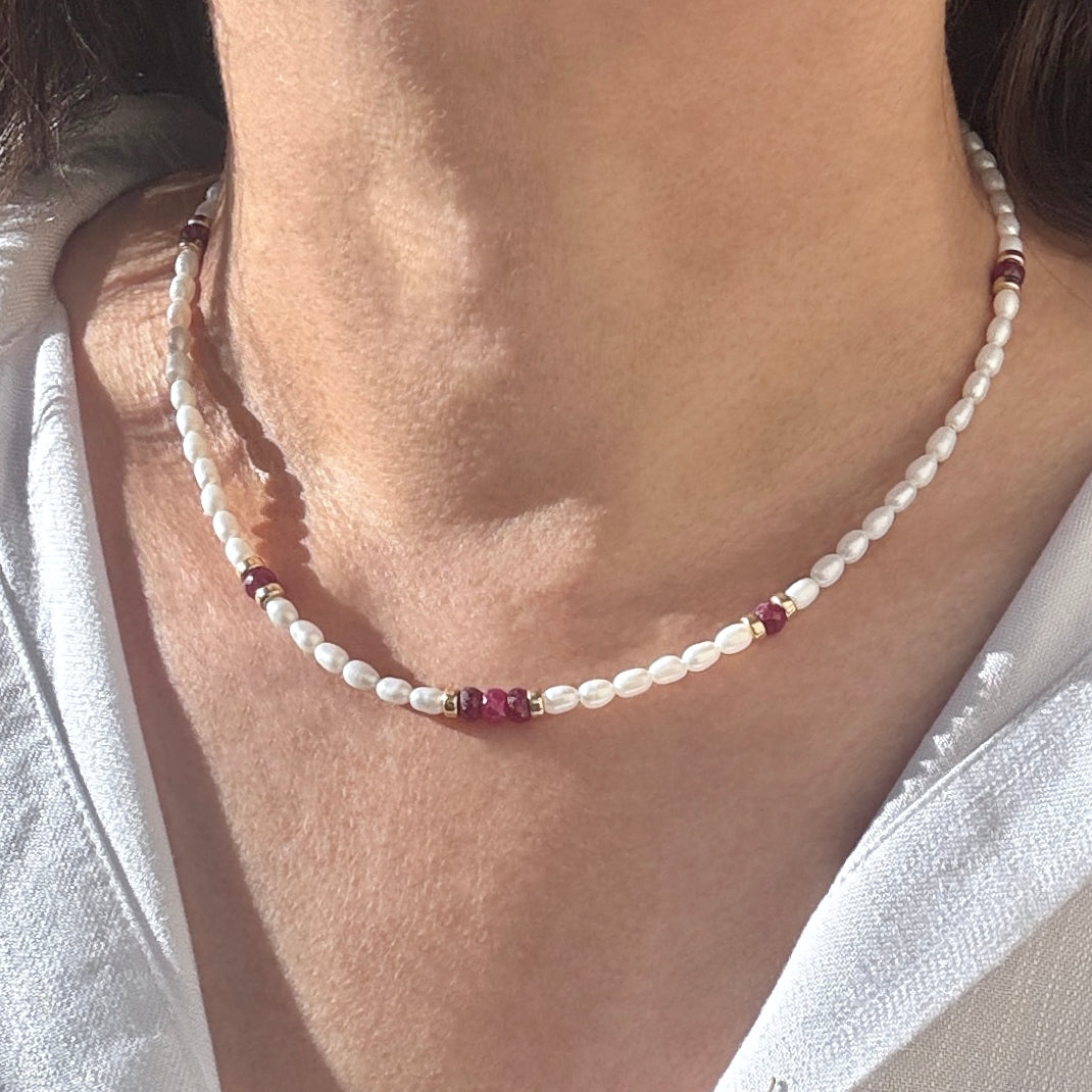 Pearl, Ruby, & Gold-Filled Accent Necklace
