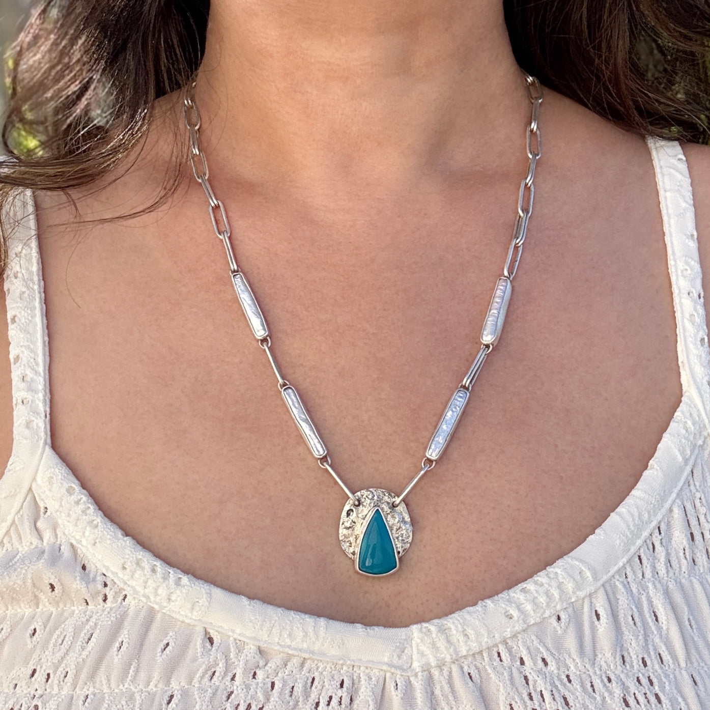 Turquoise & Pearl 925 Silver Link Necklace