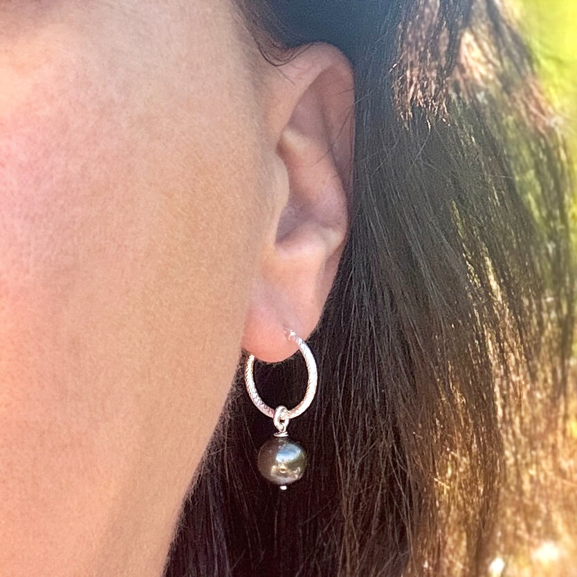 Tahitian Pearl 925 Silver Huggie Earrings