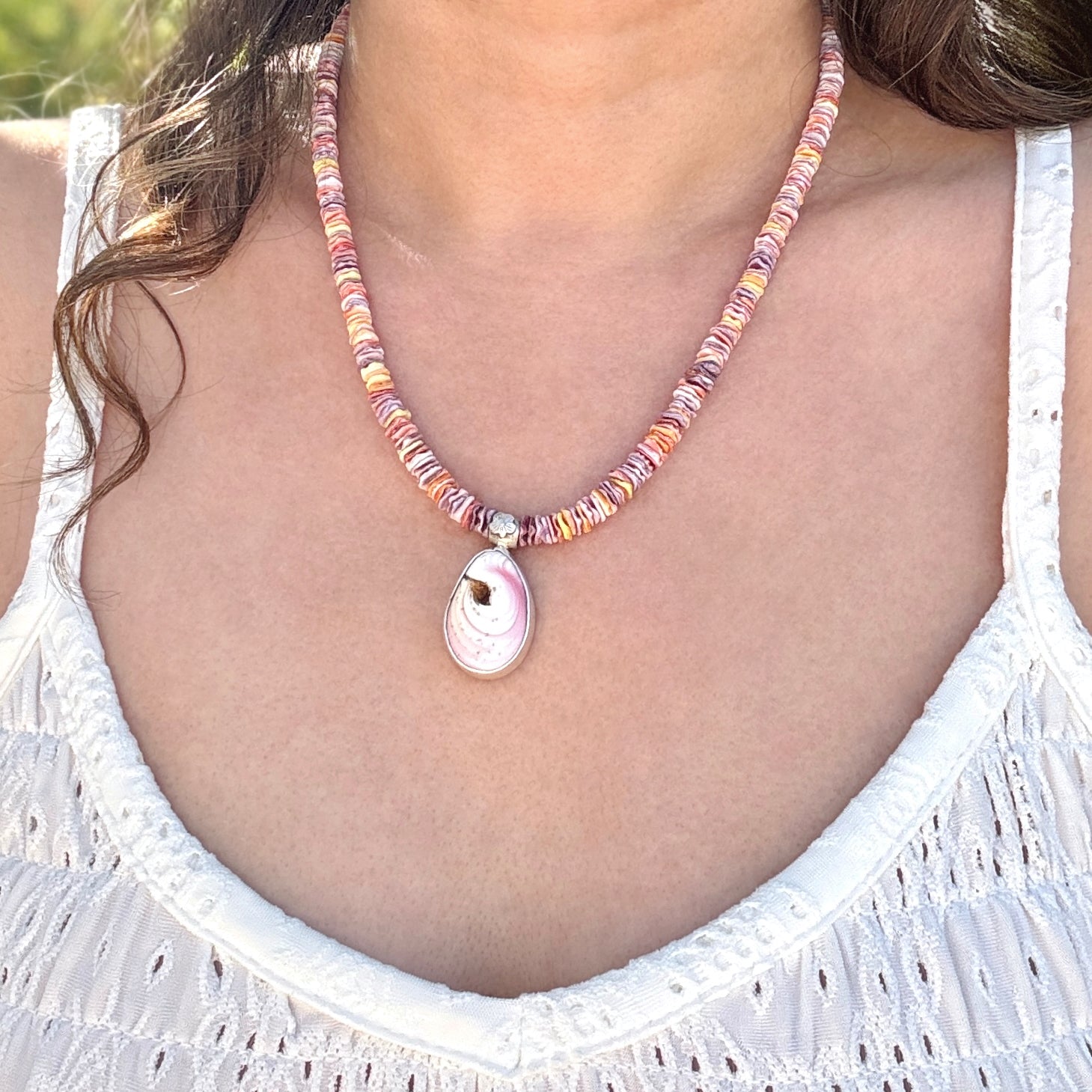 Scallop Heishi & Pink Conch Shell Necklace