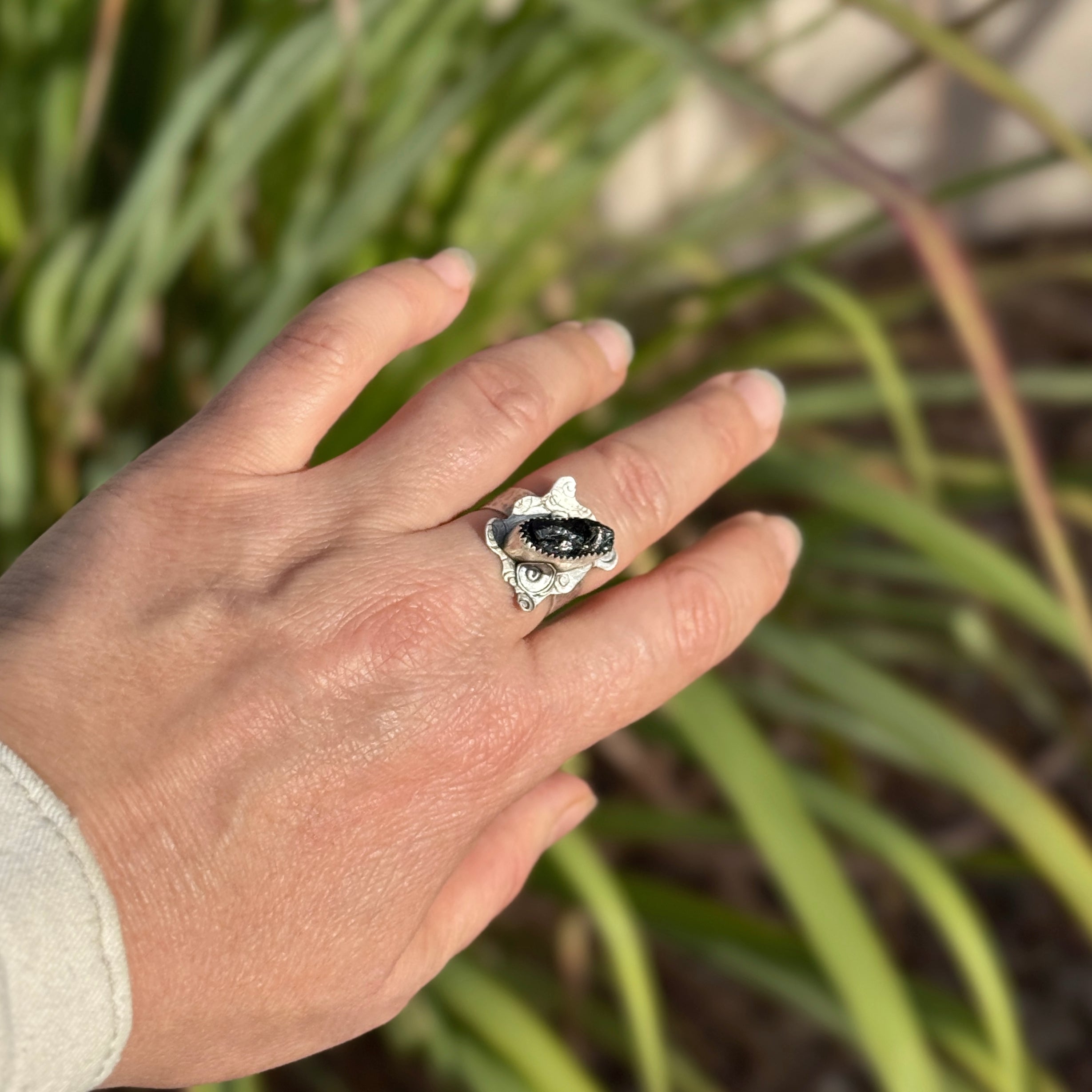 Black Rough Tourmaline Silver Statement Ring
