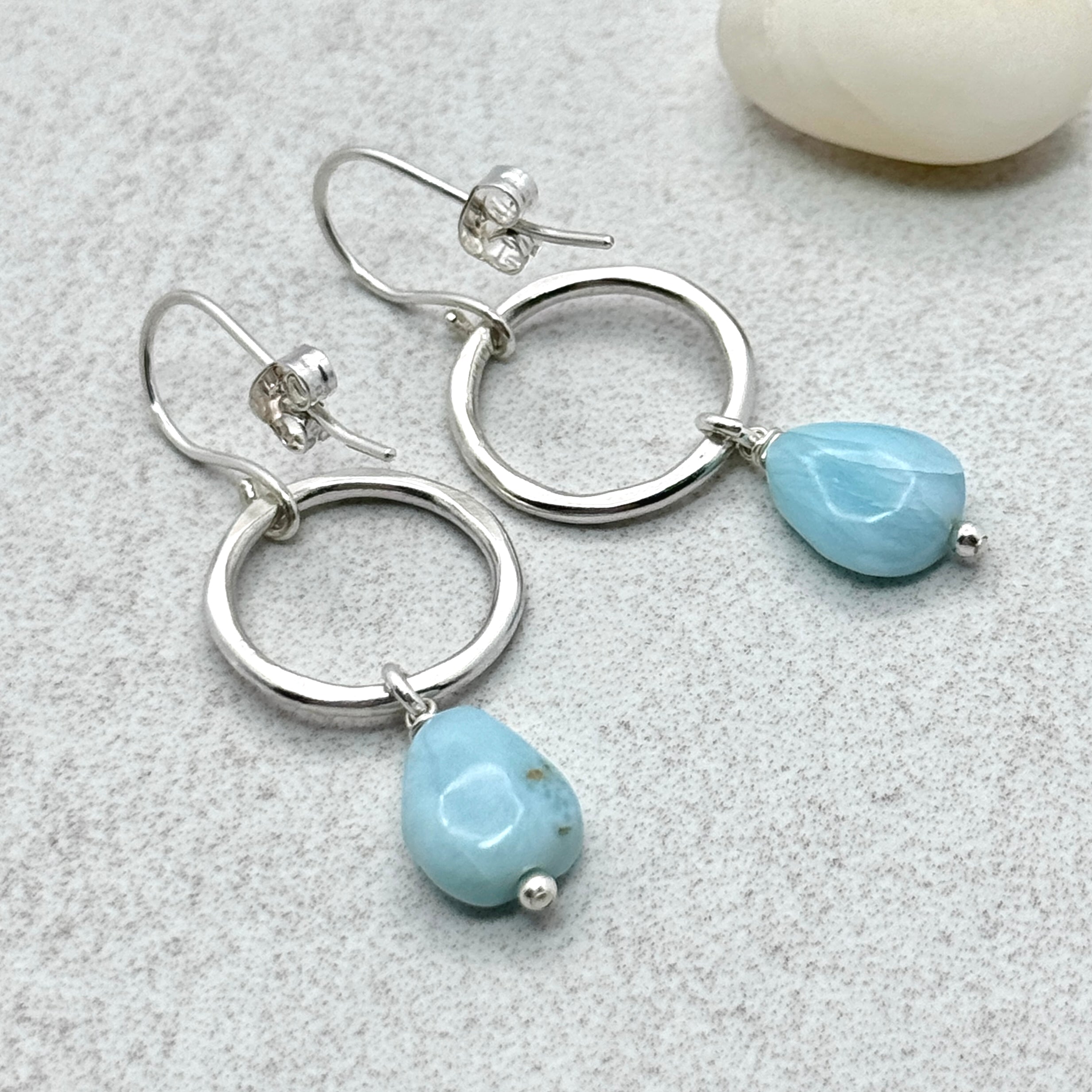 Larimar Hammered Circle 925 Silver Earrings