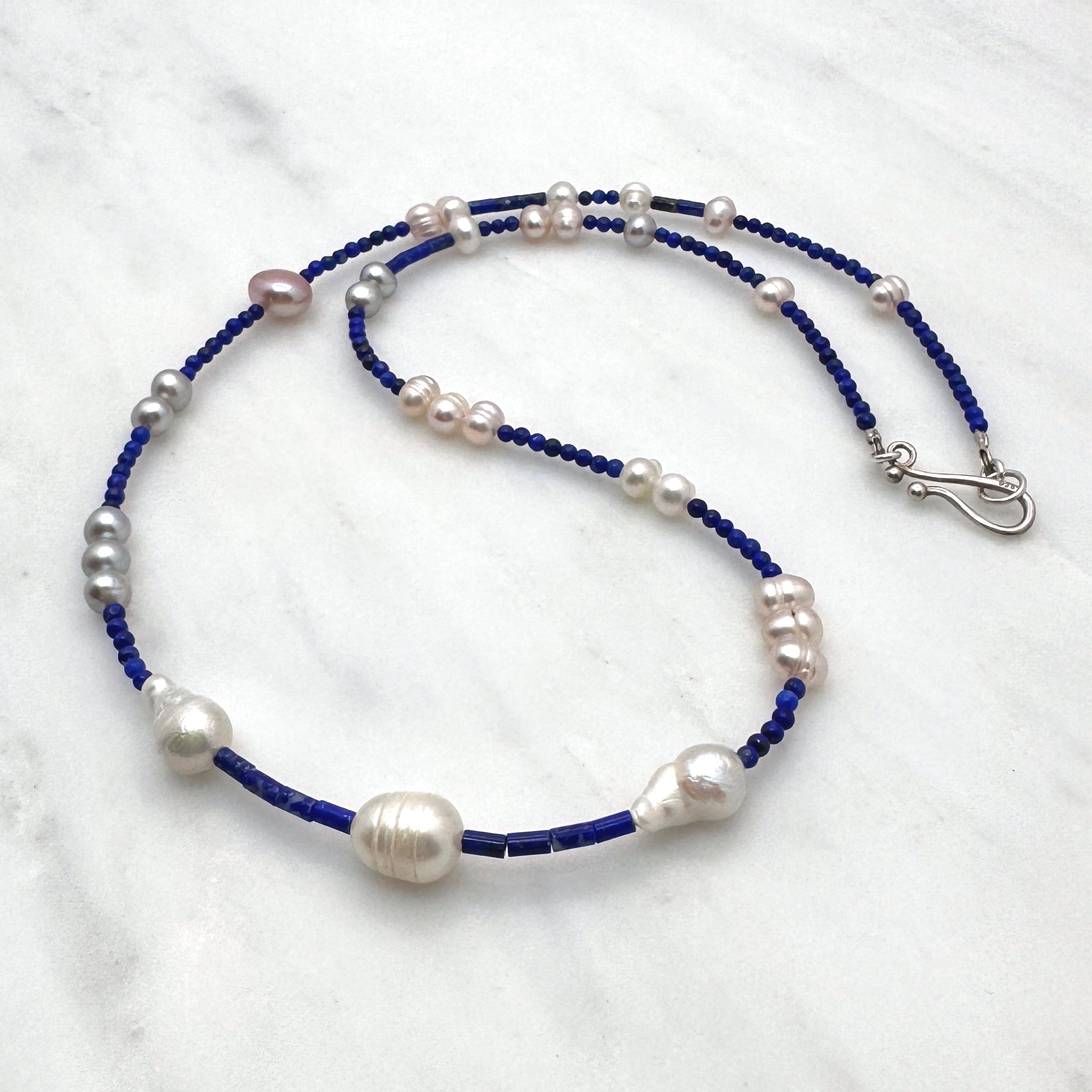 Baroque Pearl, Lapis & 925 Silver Necklace
