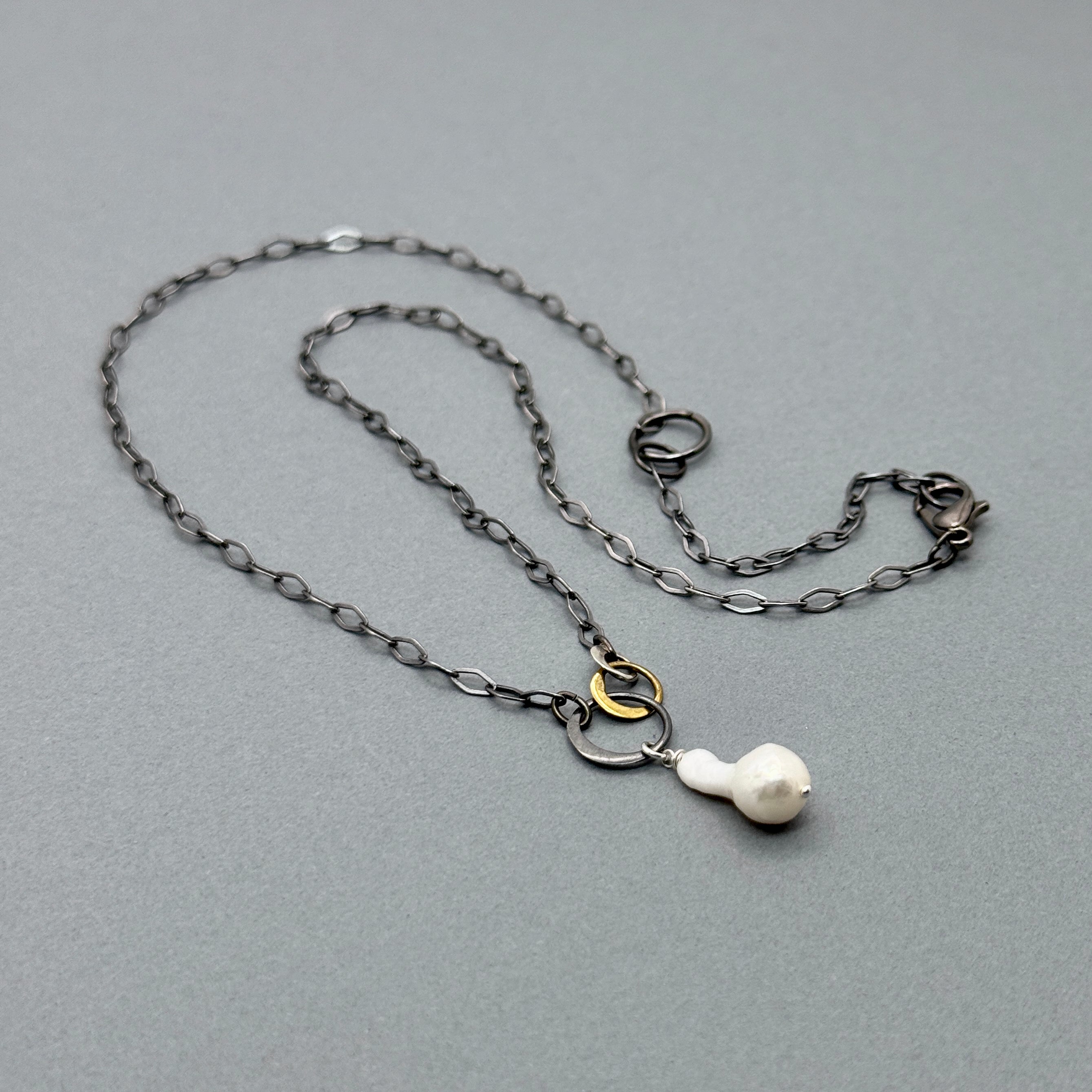 White Fireball Pearl Oxidized Silver Necklace