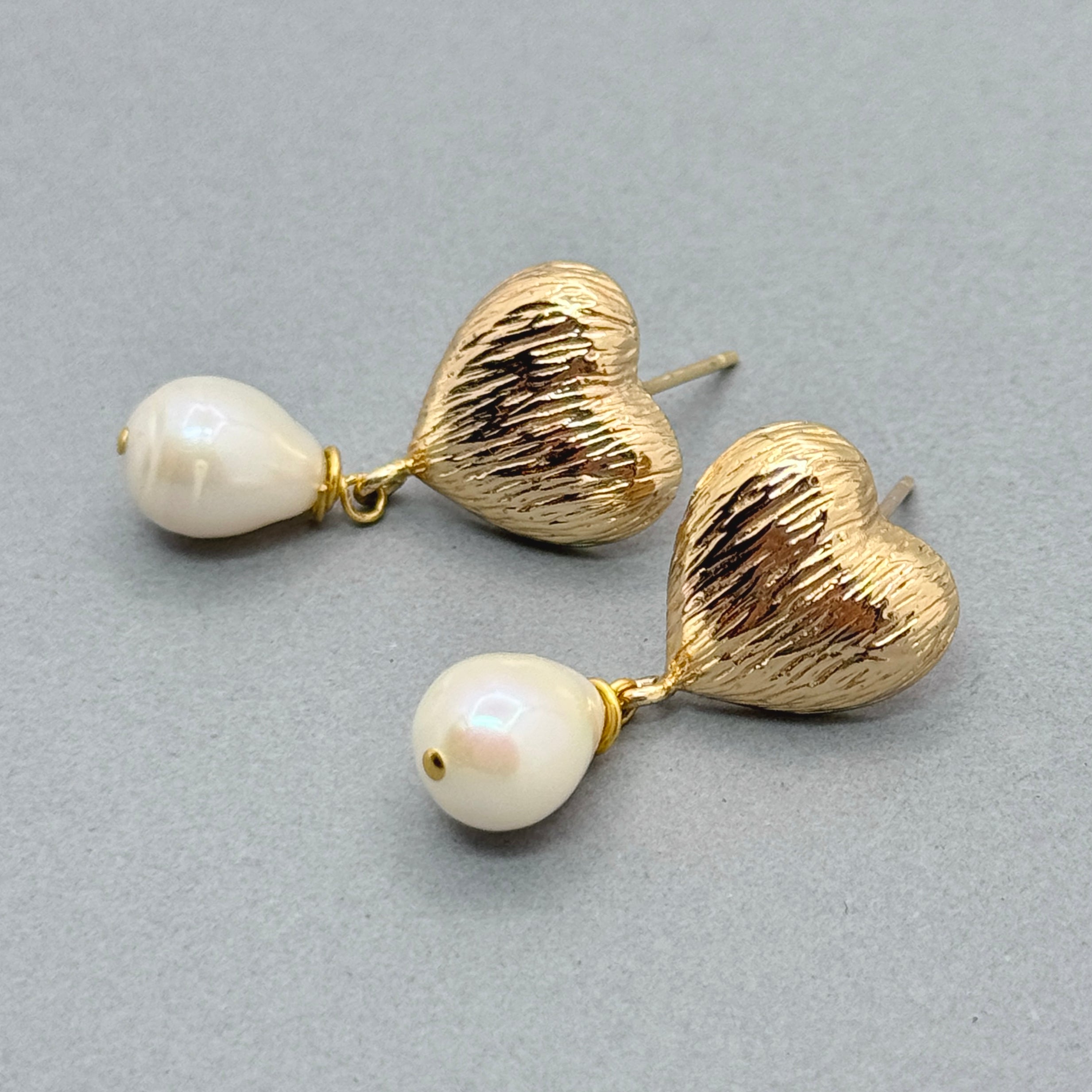 Gold Textured Heart & Pearl Drop Earrings