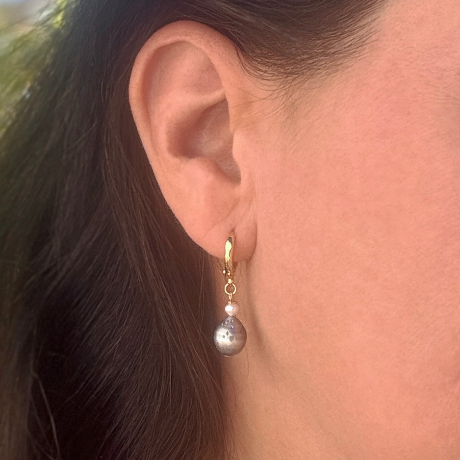 Tahitian & White Pearl Gold-Filled Huggies