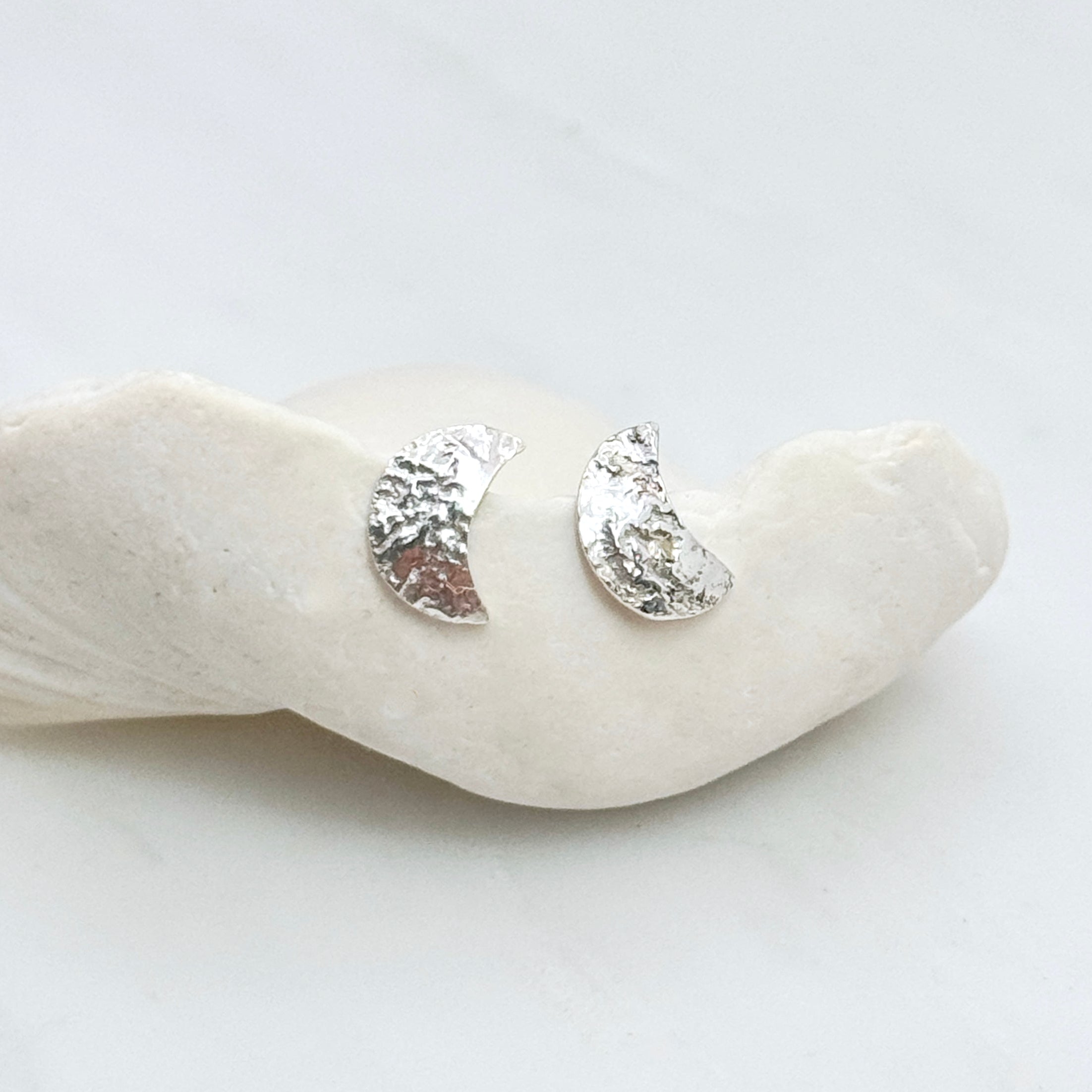 Textured Crescent Moon Silver Stud Earrings