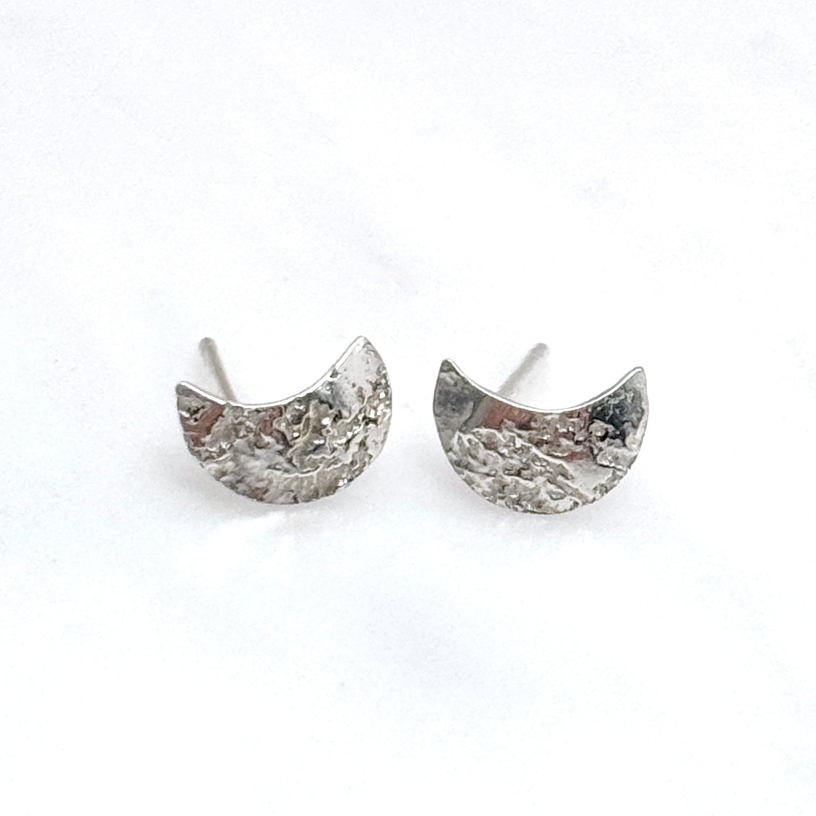 Textured Crescent Moon Silver Stud Earrings