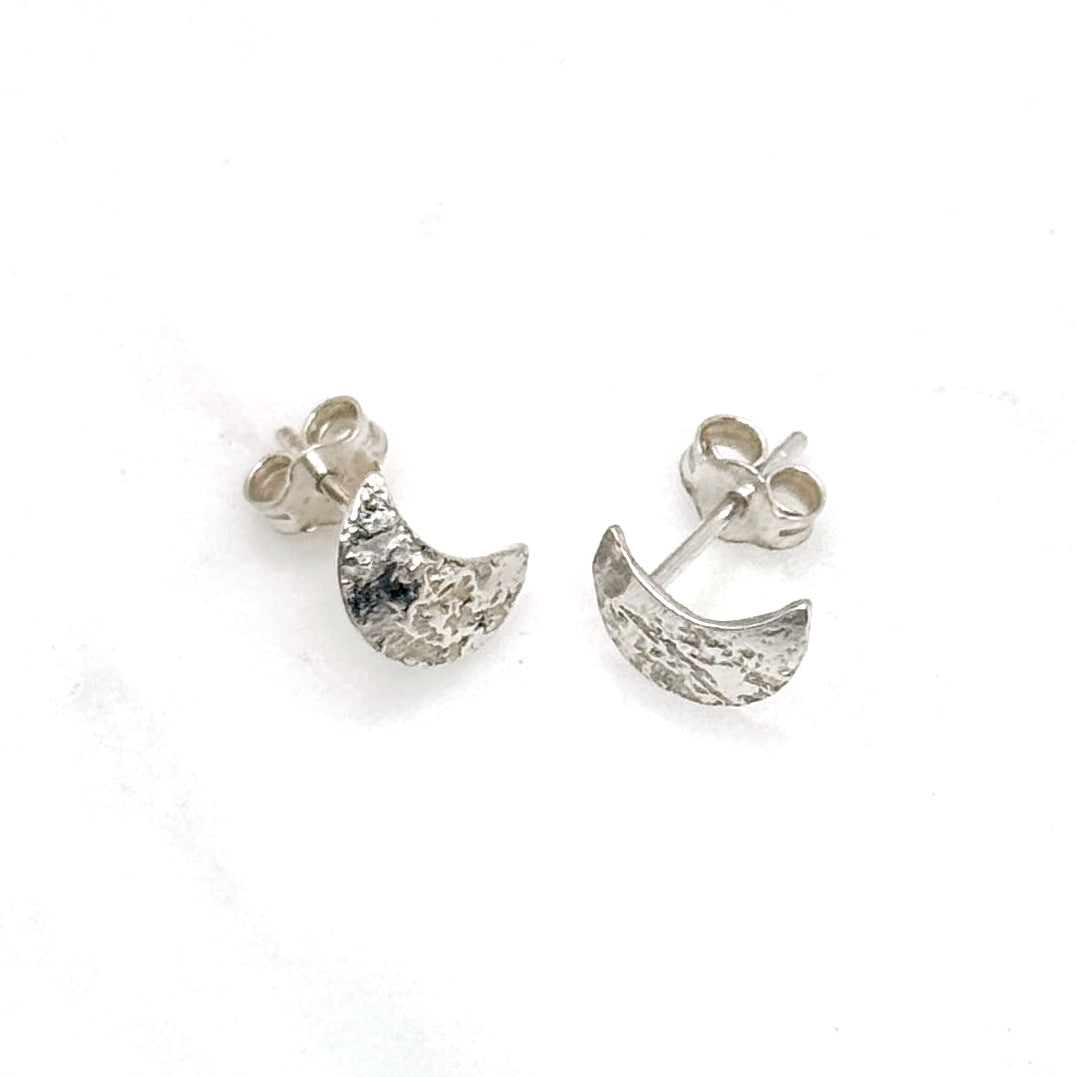 Textured Crescent Moon Silver Stud Earrings