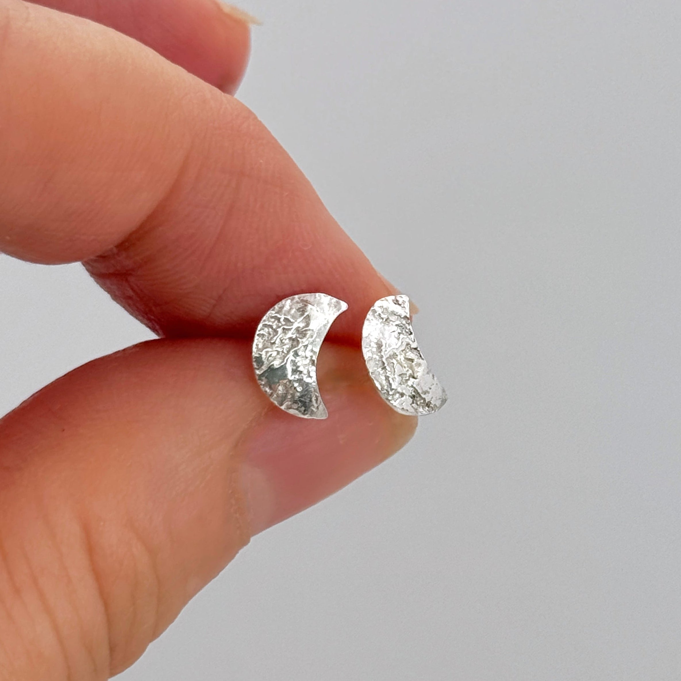 Textured Crescent Moon Silver Stud Earrings