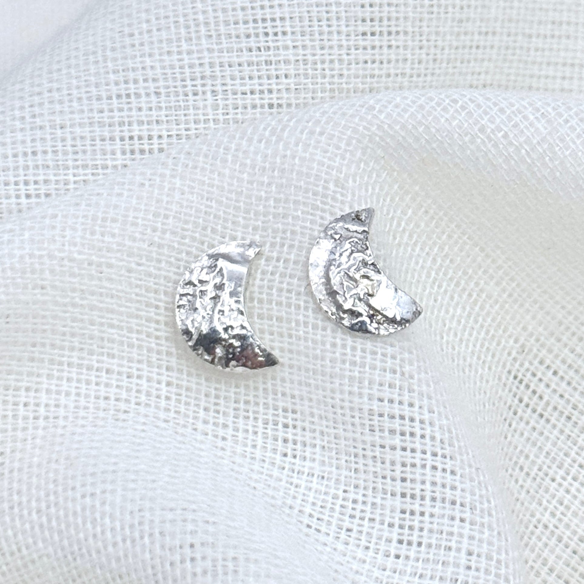 Textured Crescent Moon Silver Stud Earrings