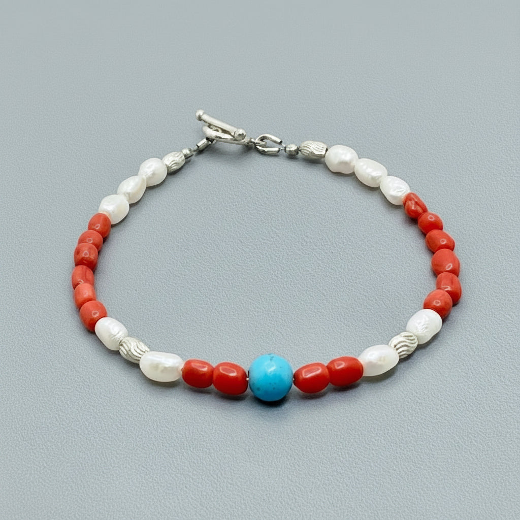 Turquoise, Coral & Pearl 925 Silver Bracelet